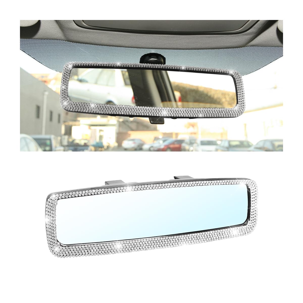 Osilly Bling Car Rearview Mirror, Decorations Rear View Mirror With Crystal Rhinestones & Diamonds, Car Interior Trim Accessories, Clip-On & Hd Glass, Sparkly Gift For Mother Women Girls (Silver)