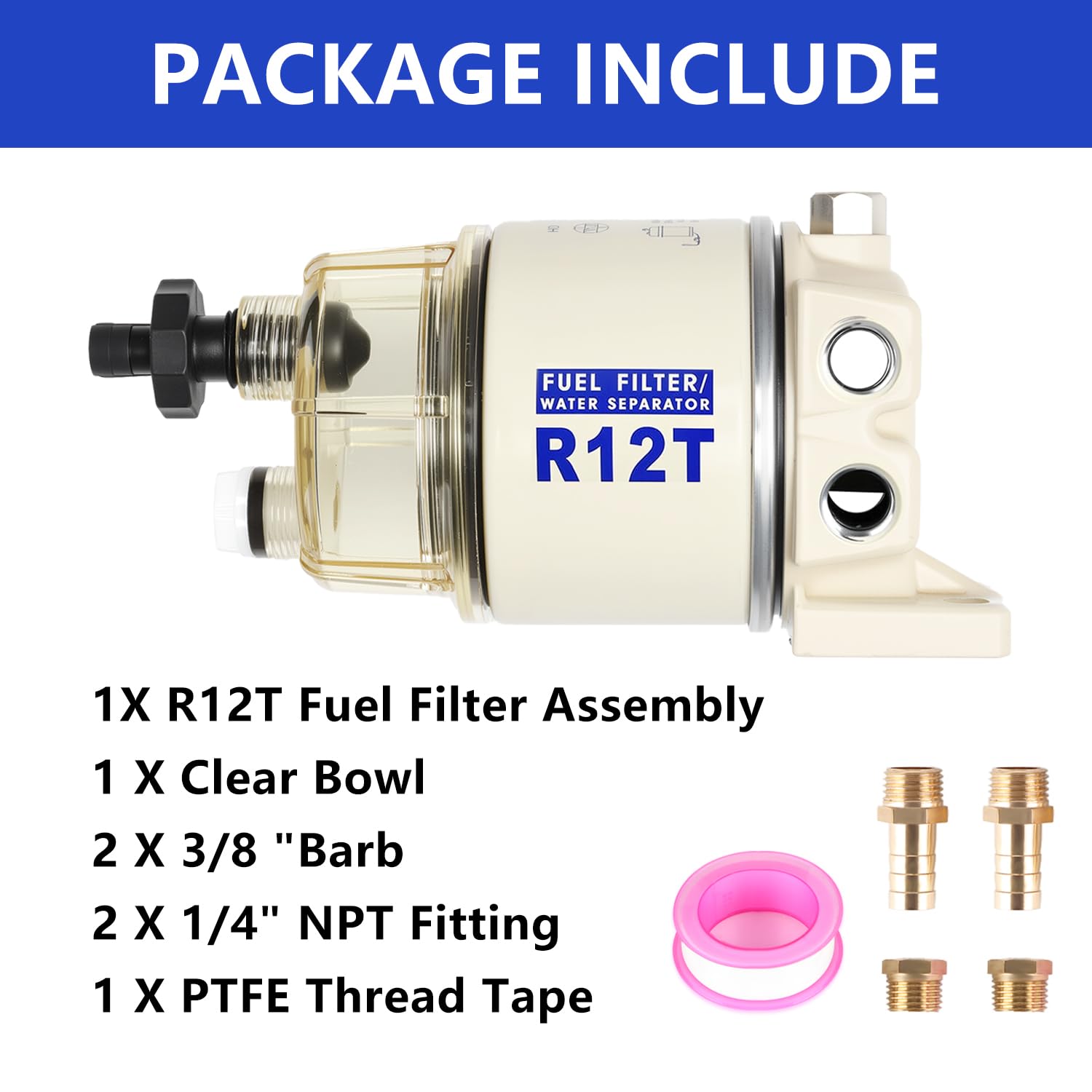 AUIVERED R12T Marine Fuel Water Separator Kit, 10 Micron Filter, Replace S3240 120AT, Fit 1/4 Inch NPT Outboard Motors for Gas &