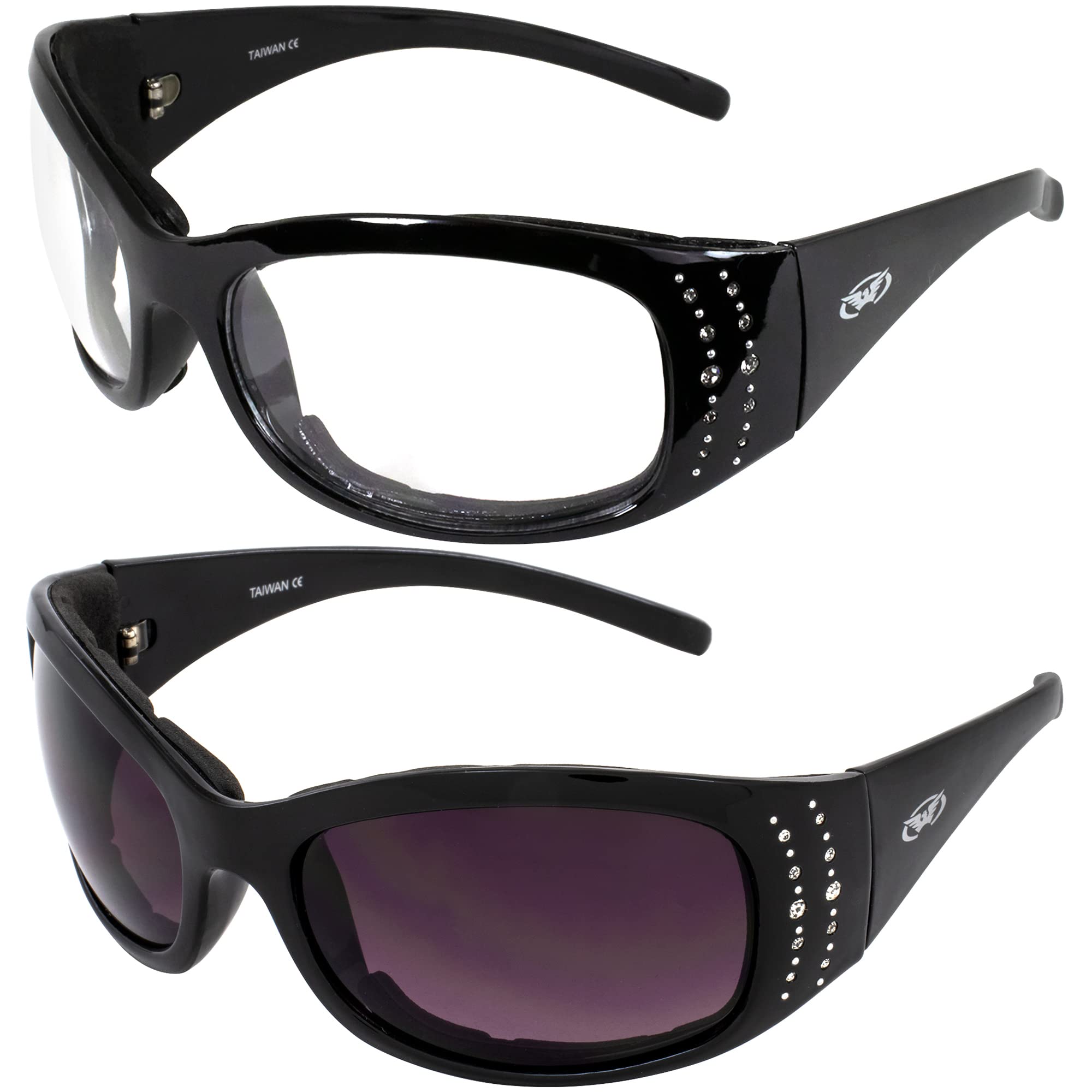 Global Vision Marilyn 2 Plus Padded Motorcycle Sunglasses Riding Glasses w/Clear and Smoke Lens (Clear & Smoke)