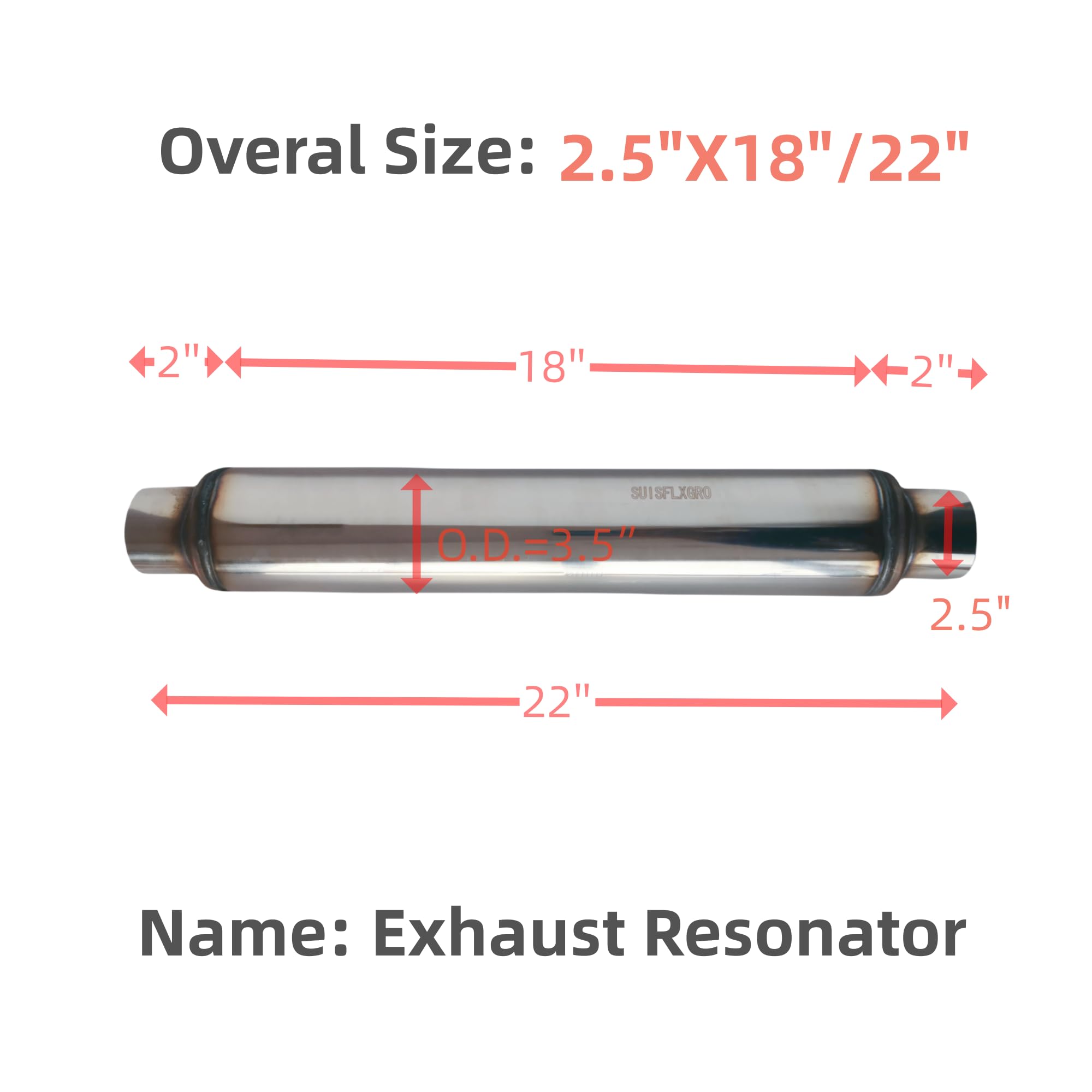 SUISFLXGRO Exhaust Resonator Muffler, 2.5'' Inlet With 18'' Body Length, Overall Length 22'', Straight Through Design, Low and D