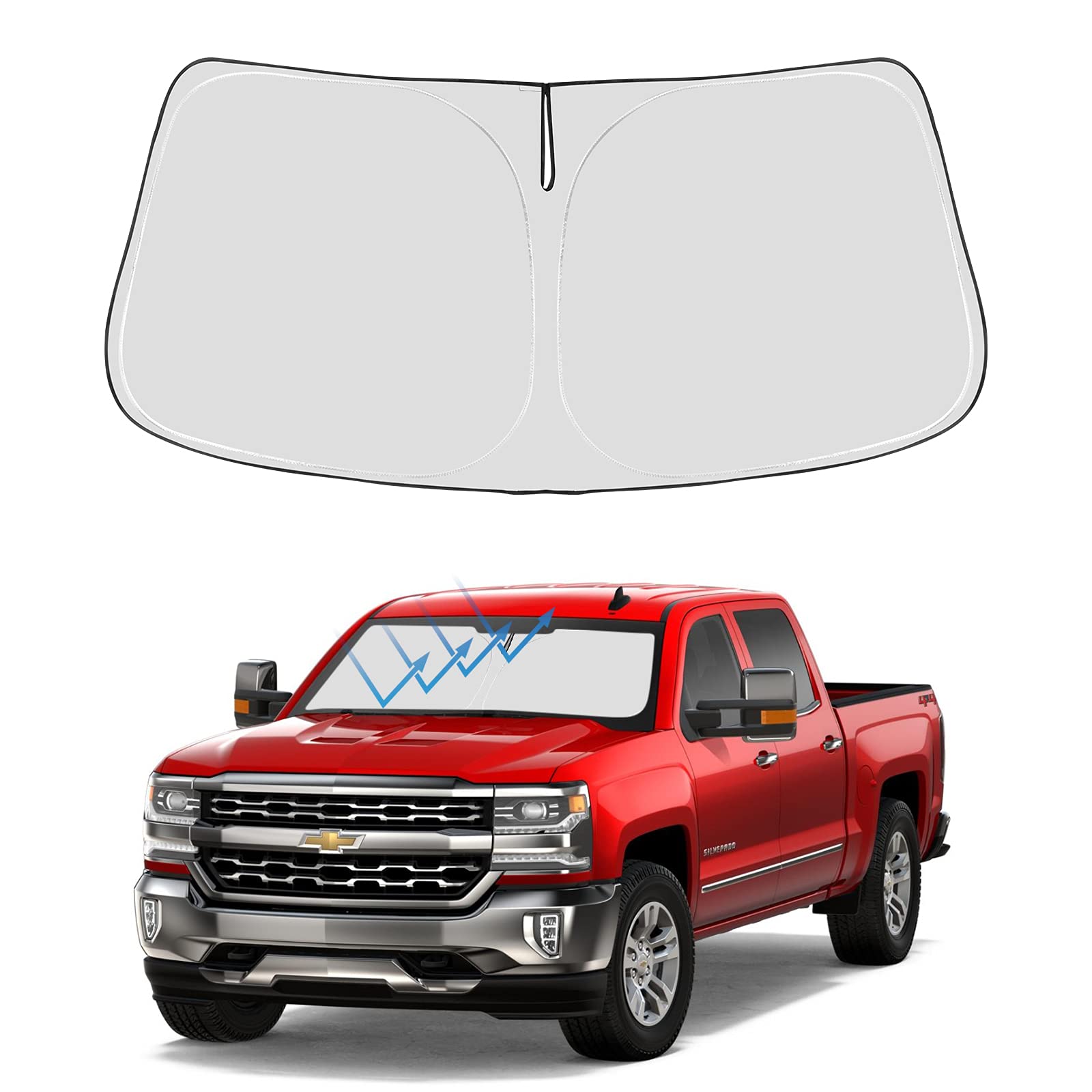 Front Windshield Sunshade Foldable Sun Shade Protector Custom Fit 2018 2017 2016 2015 2014 Silverado 1500, Regular Cab, Crew Cab