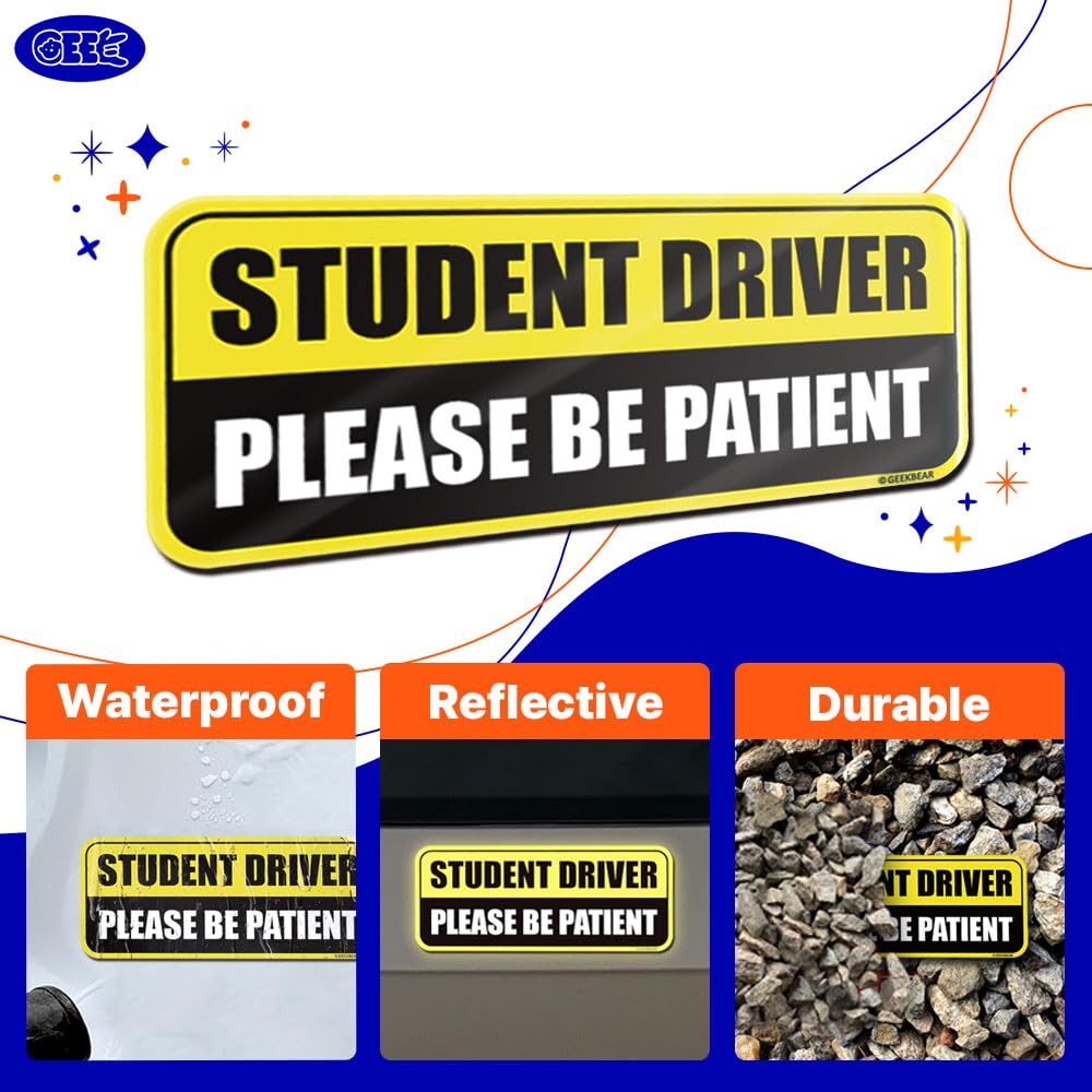 Geekbear Student Driver Car Magnet - Colorful, Reflective, Weather-Resistant - Rectangular 8.7 X 3.5 In (Yellow/Black)