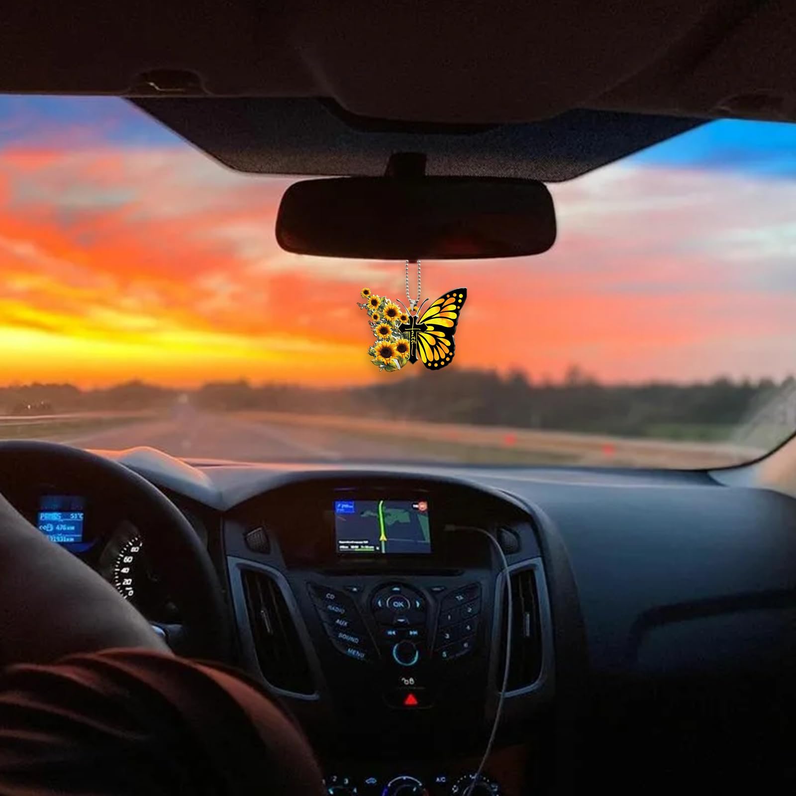 Car Rear View Mirror Accessories Sunflower Butterfly Jesus Cross Christian Hanging Ornament 2D Flat Religious Christian Home Car
