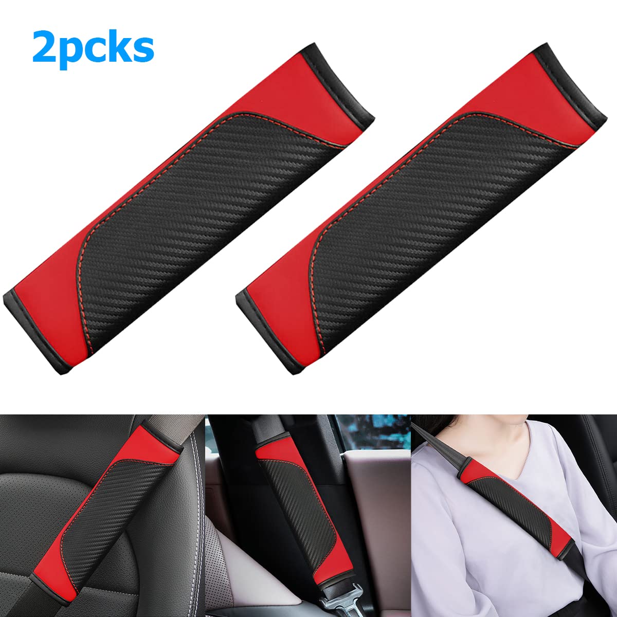 AUCELI 2PCS Car Seat Belt Cover, Carbon Fiber Safety Seatbelt Shoulder Strap Covers, Breathable Leather Soft Harness Pad Protect