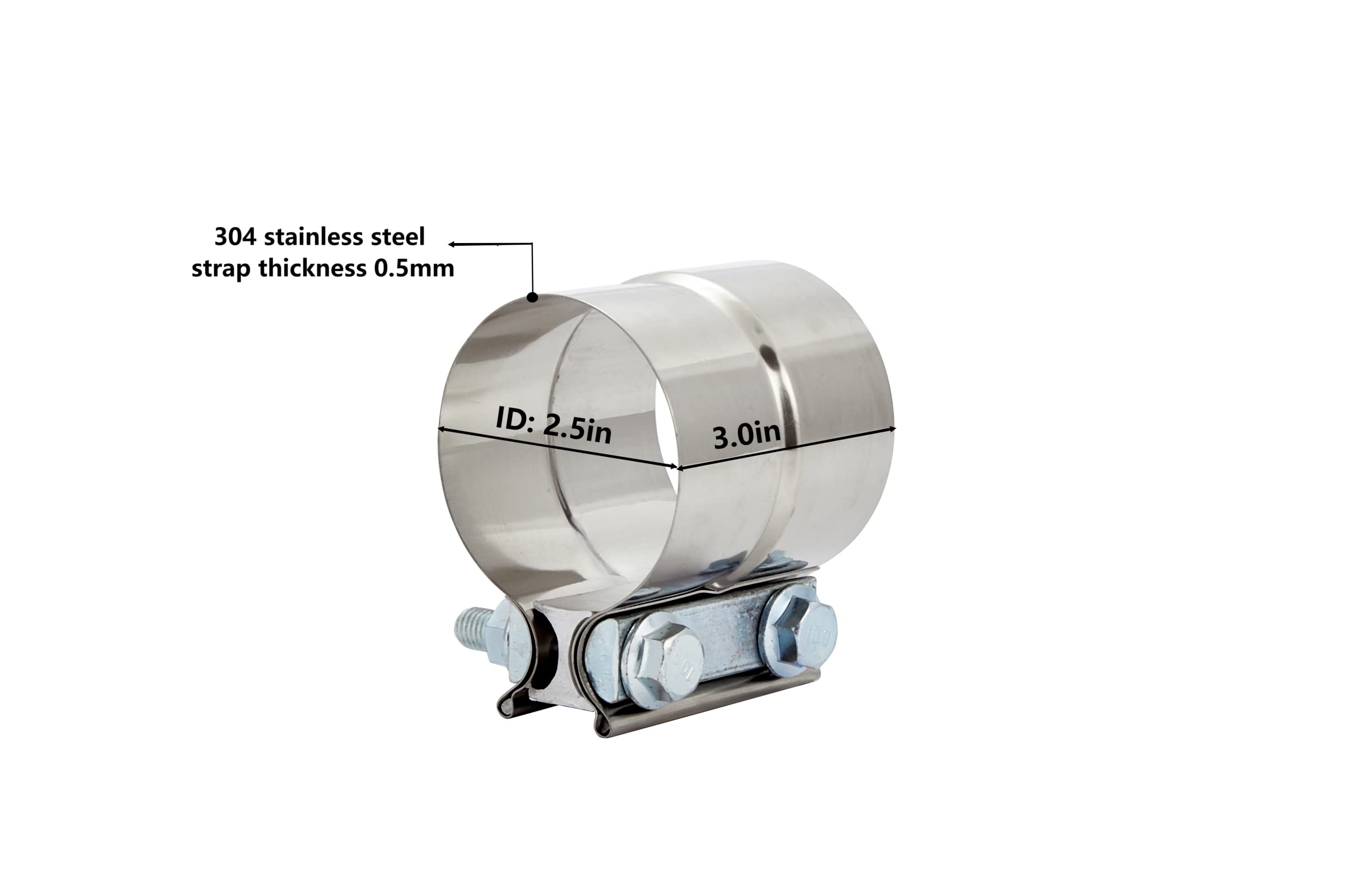 Floshine 2.5 In Lap Joint Band Clamps,Exhaust Muffler Clamp 2 Pcs,2.5 Exhaust Pipe Clamps Preformed Stainless Steel