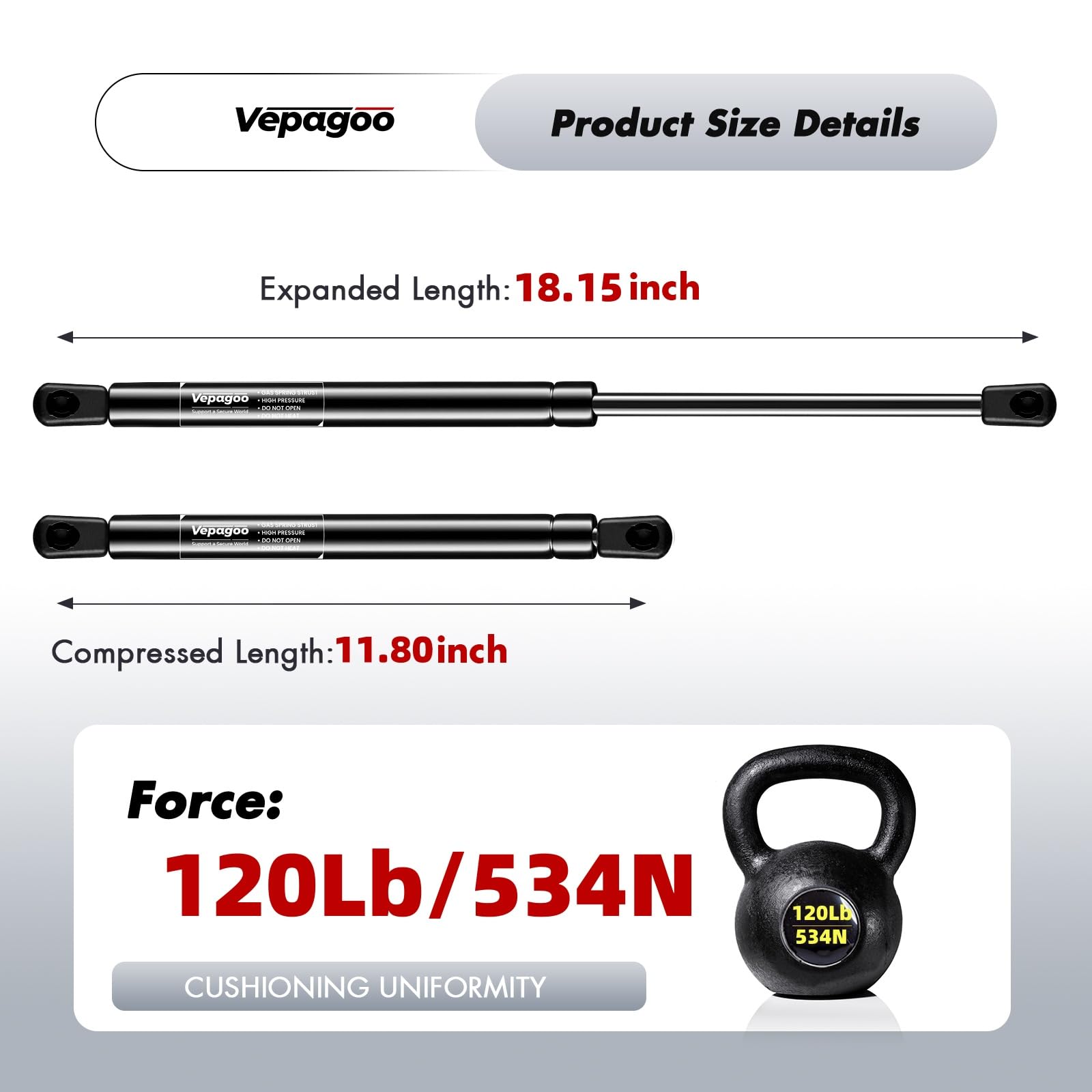 Vepagoo C1623834 18.15'' 120 Lb Gas Strut Shock Spring Lift Support For Leer Are Atc Camper Topper Rear Window Truck Cap Camper