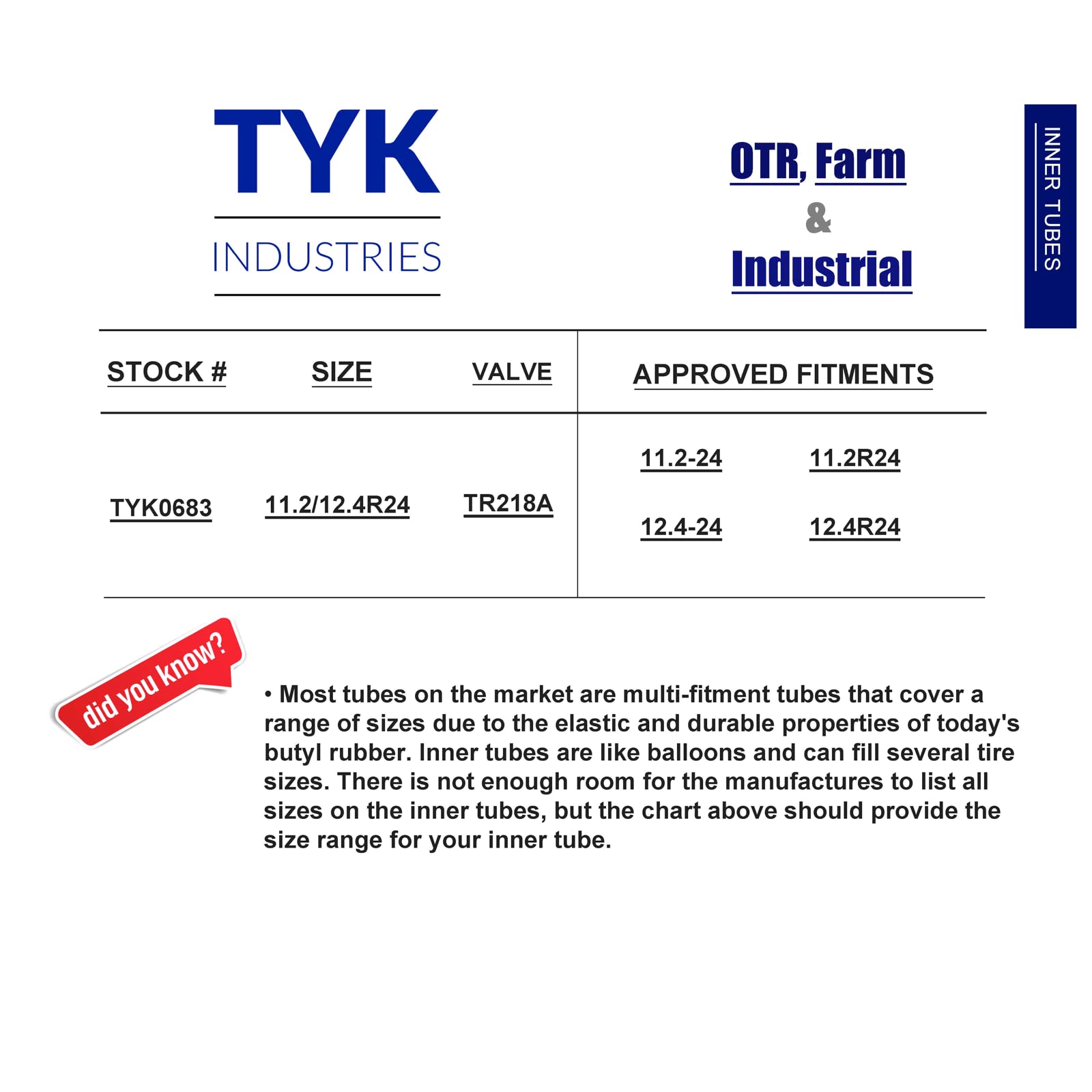 11.2/12.4R24, 11.2-24, 12.4-24 Tractor Tire Inner Tube With A Tr218A Valve Stem For Use In Radial Or Bias Tires By Tyk Industrie