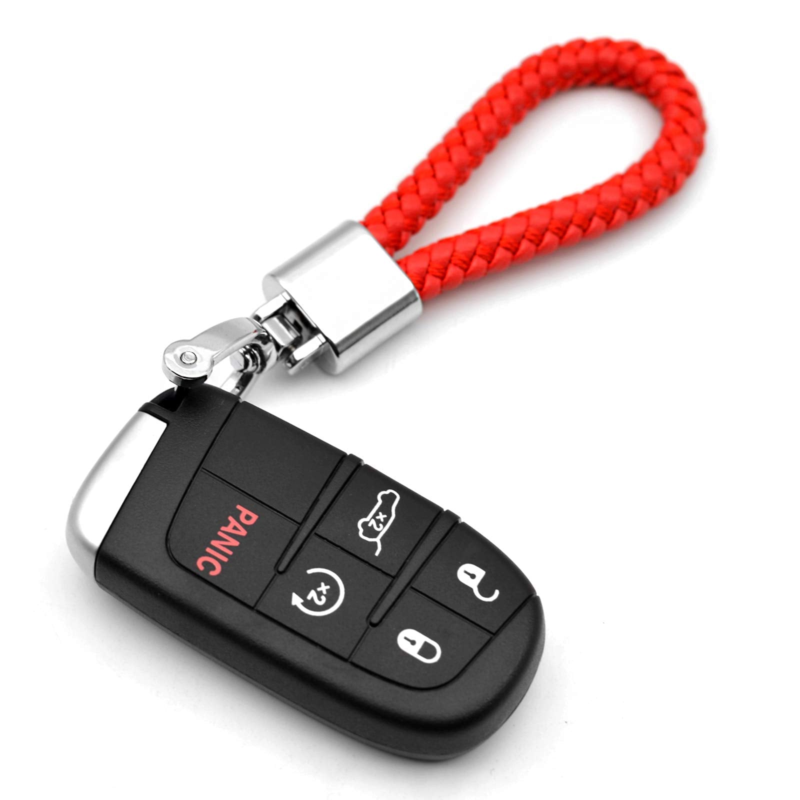 Feyoun Universal Red Leather Car Fob Keychain Metal Keyring Woven Strap Braided Rope Key Chain For Men And Women - Silver Color,