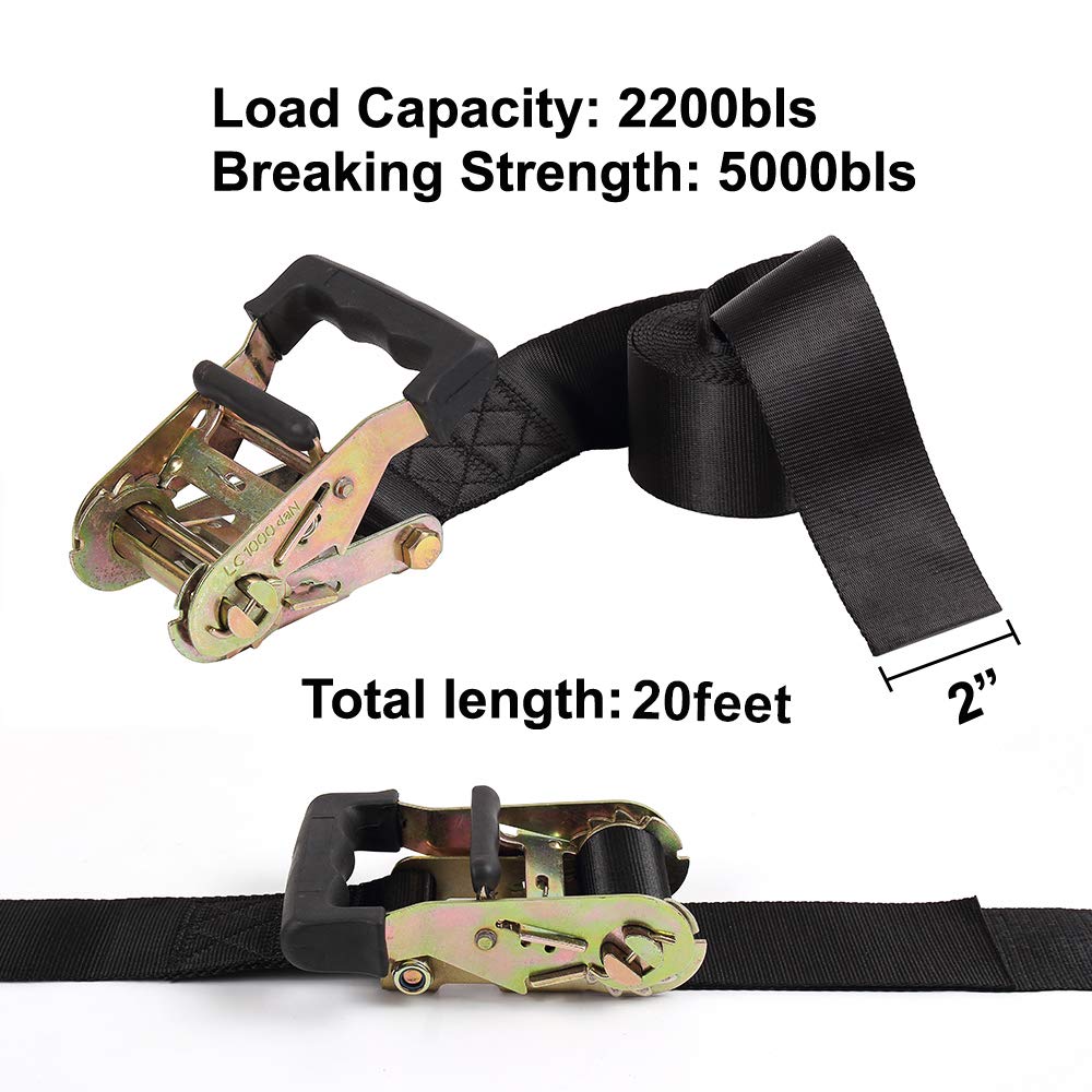 Endless Ratchet Tie Down Straps Heavy Duty Cargo Tie Downs, Durable Nylon Black Strap Down Ratcheting Securing Straps, Track Spring Fittings, Tie-Down Motorcycles, Trailer Loads, Kayak (20'X2-2Pack)