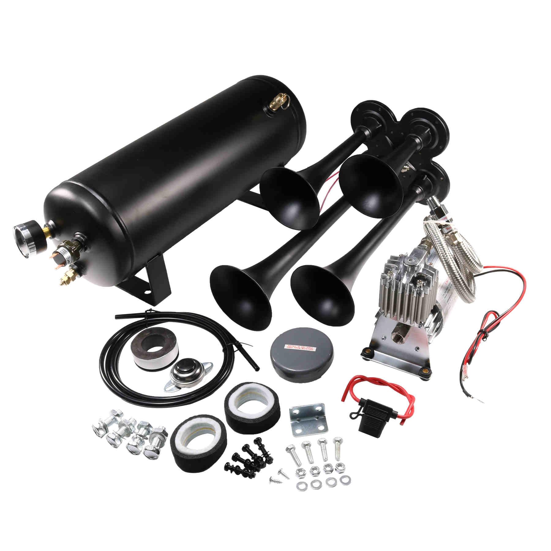 12V 4 Trumpets Train Horn Kit 150psi Complete Onboard System 150psi Air Compressor 1.5 Gallon Air Tank 4 Trumpets Fits Any Vehic