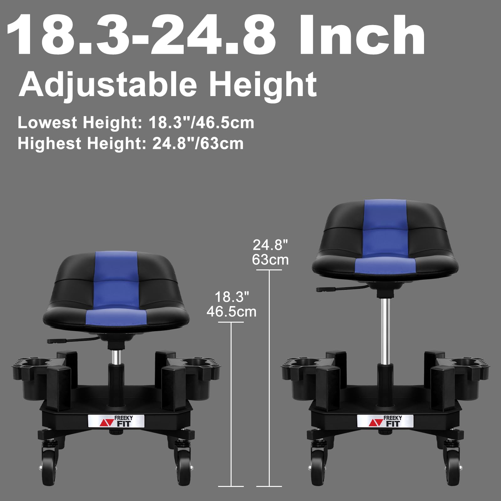 FreekyFit Rolling Stool with Wheels, Adjustable Shop Stool Mechanic Chair Seat Garage Shop Roller Work Chair Mobile Rolling Seat