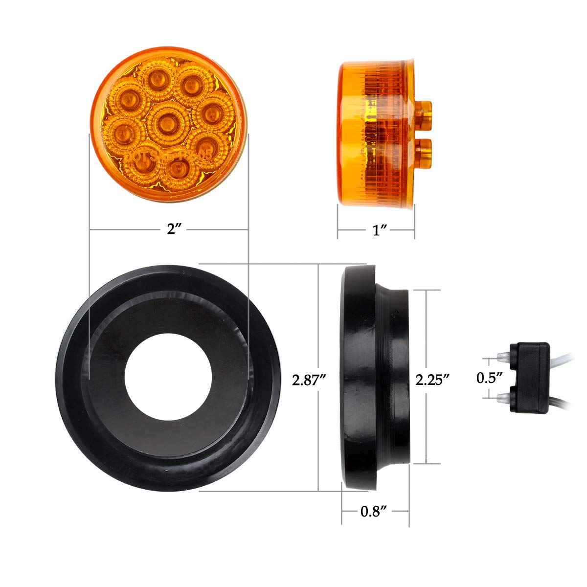 Partsam 2Pcs 2 Inch Round Truck Trailer Led Side Marker Clearance Light Amber 9 Diodes With Reflectors Sealed Waterproof 12V 2 I