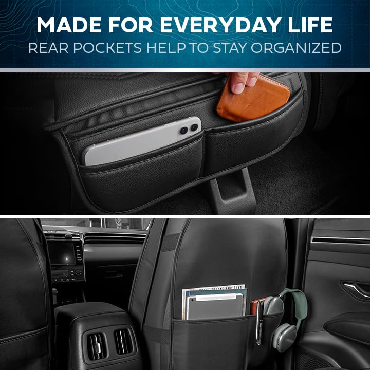 MotorBox Prestige Faux Leather Seat Covers for Cars - (2) Front Semi-Custom Fit Black & Charcoal Seat Covers for Trucks & SUV -