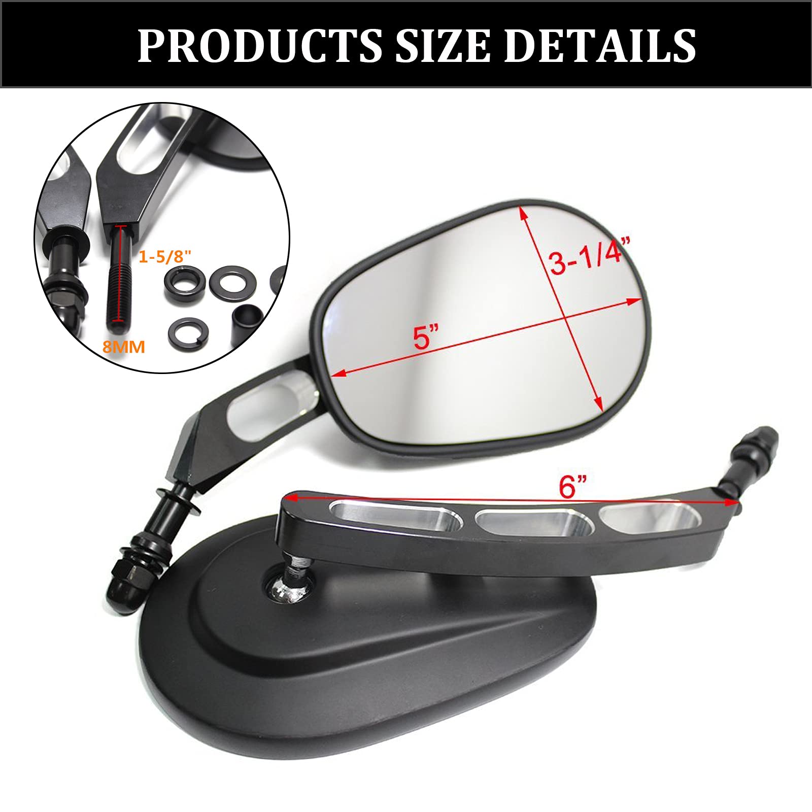 Rich Choices 8mm Black Motorcycle Rearview Side Mirror - Hollow Styling for Harley Bobber Cruiser Custom MT