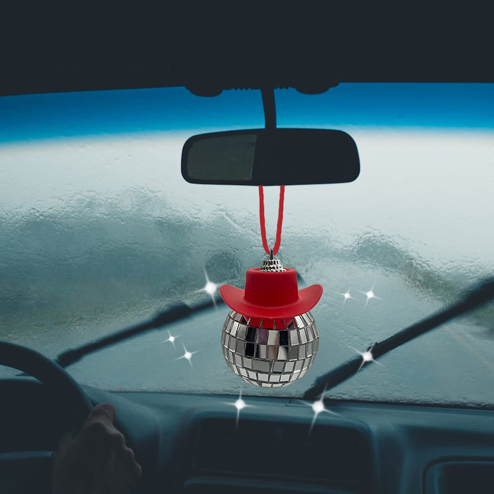 Spansee Red Disco Ball Car Accessory, Disco Ball Car Mirror Ornament, Cowboy Hat Disco Ball Car Charm, Disco Ball With Cowboy Hat, Car Disco Ball, Disco Ball For Car, Car Accessories For Women