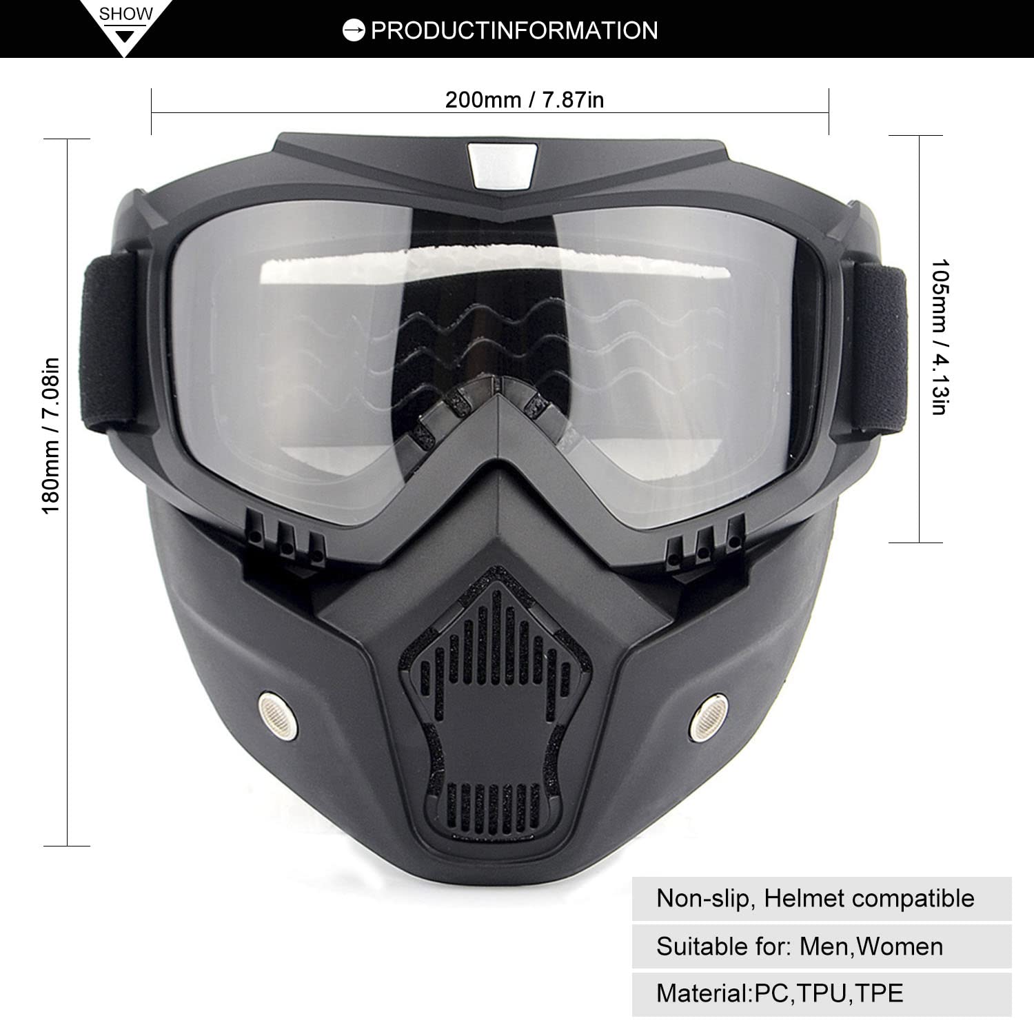 SPOSUNE Motorcycle Goggles Detachable Face Mask, ATV Dirt Bike Paintball Goggle Anti-Scratch UV400 Eyewear for Men Women