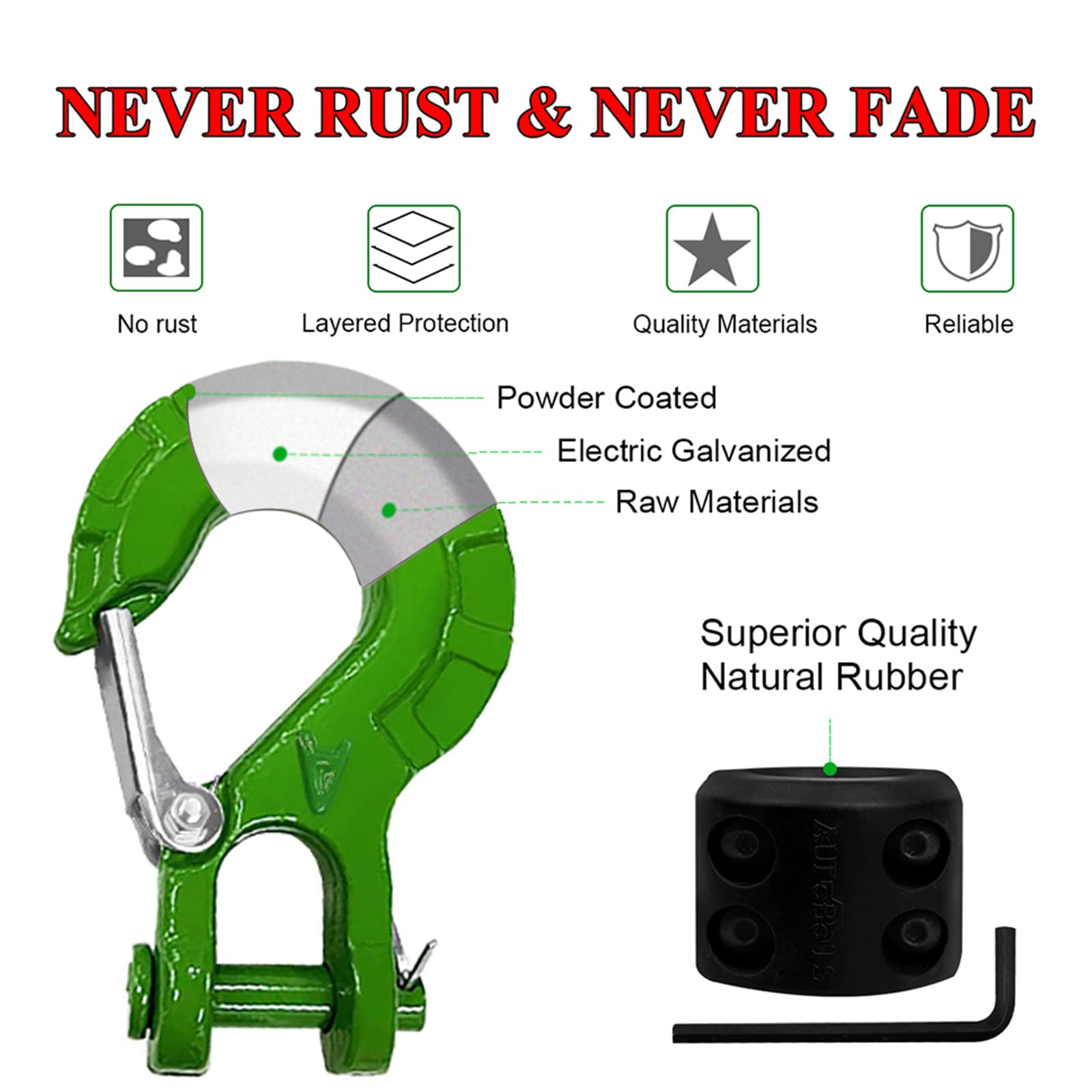 Autobots Upgrade Heavy Duty Winch Hook Forged Steel 3/8' Grade 70 Safety Latch Winch Cable Hook Stopper & Clevis Slip Winch Hook Sets, Max 35,000 Lbs,Green