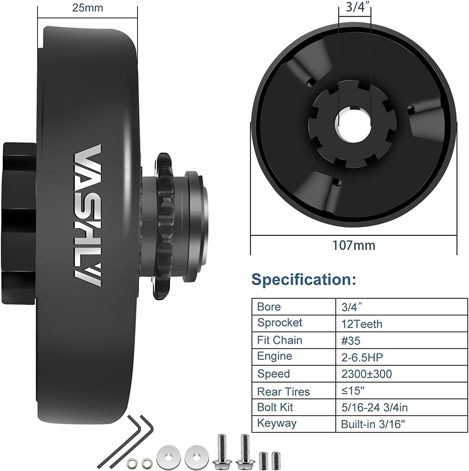 Vashly Go Kart Clutch 3/4' Bore 12T With #35 Chain Centrifugal Clutch And Chain For Go Kart Minibike Honda Kart Engines