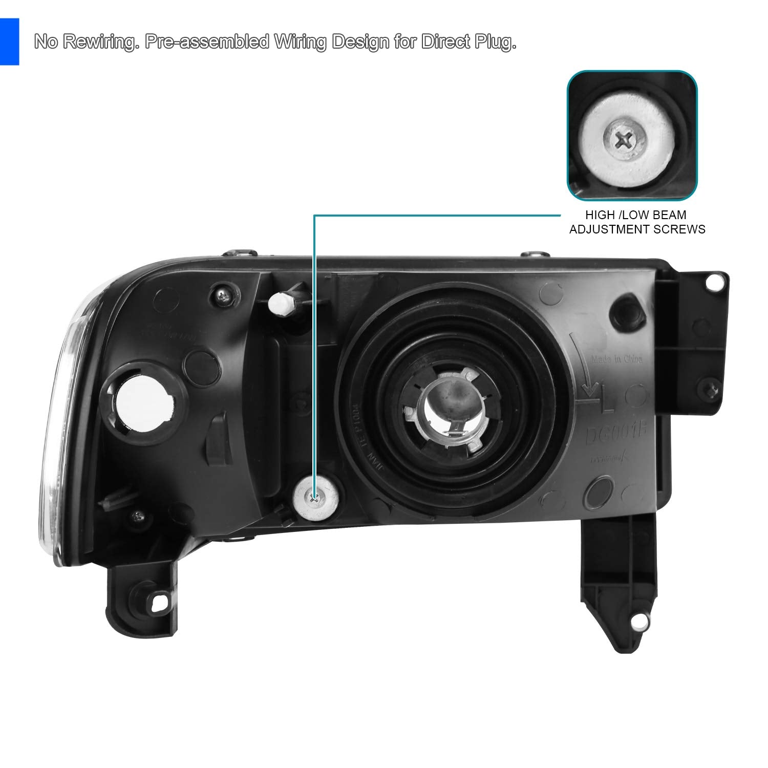 Spec-D Tuning 1PC Style Black Headlights Compatible with 1994-2001 Dodge Ram 1500, 1994-2002 Ram 2500 3500, L+R Pair Head Lights