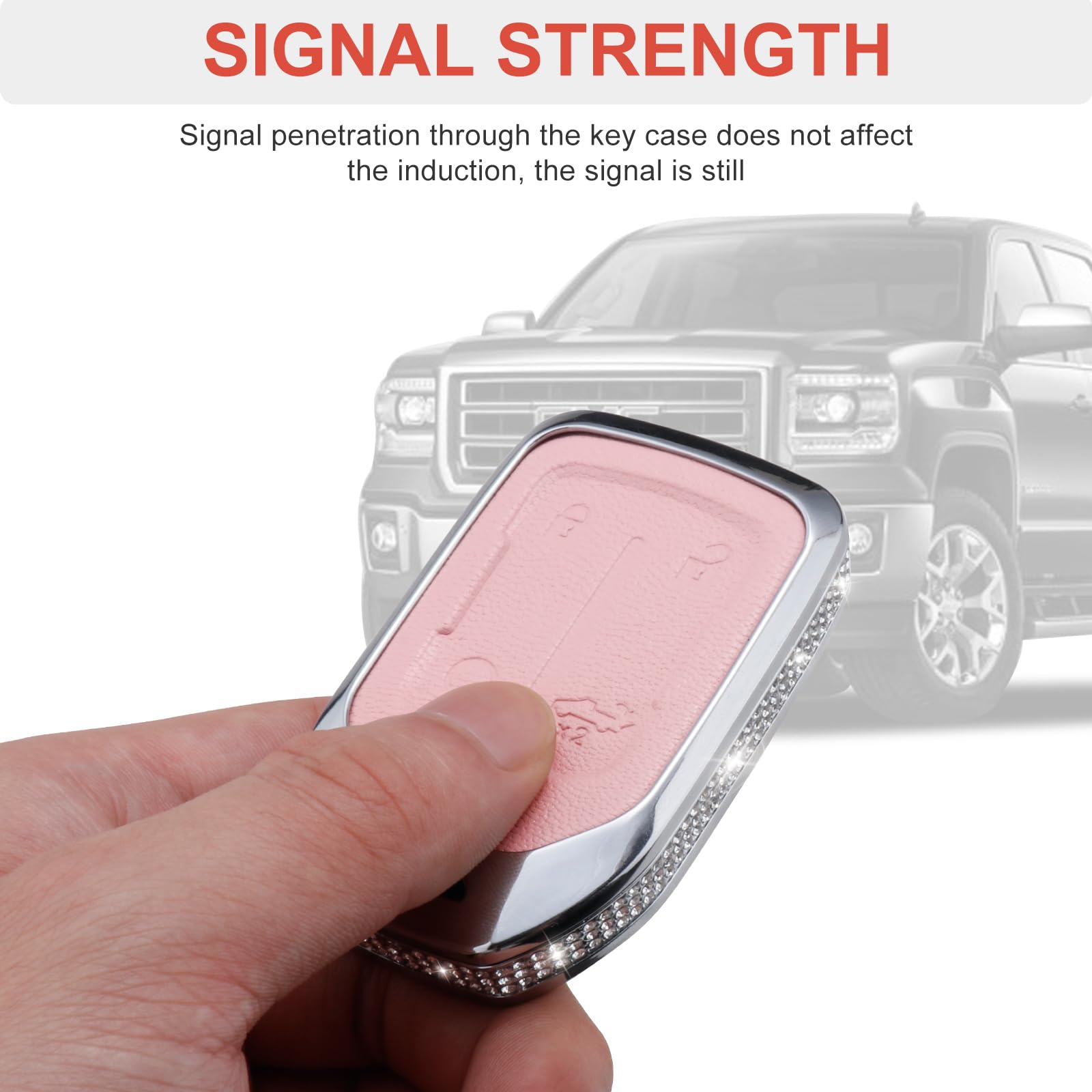 Ruabiban For Gmc Key Fob Cover With Keychain, Pink Leather Crystal Key Case Protection Shell Compatible With Chevrolet Chevy Gmc