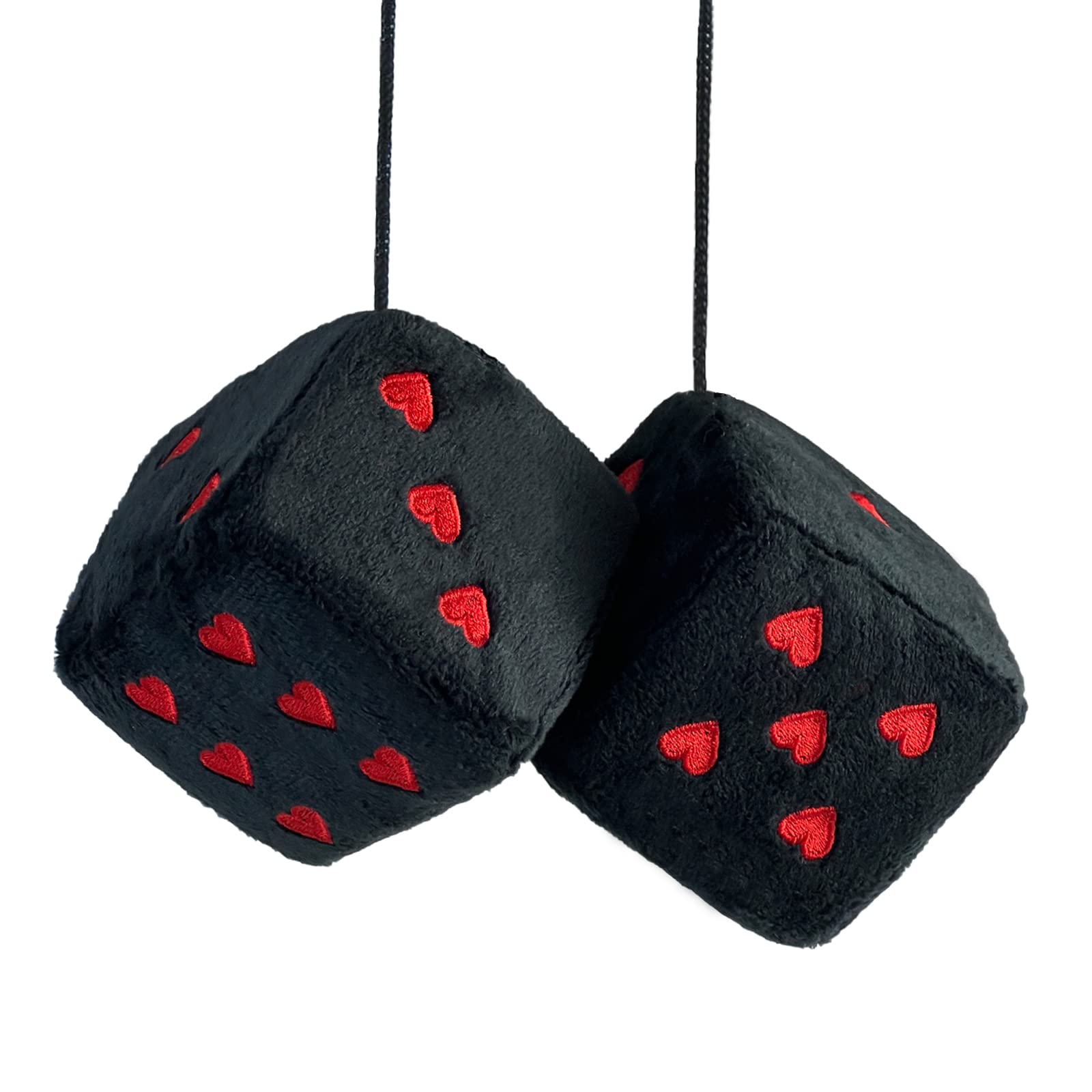 Pair 3” Fuzzy Plush Dice Heart Shape Decor For Car Rearview Mirror, Retro Square Decoration Dice For Car Hanging Accessories (Black-Red)