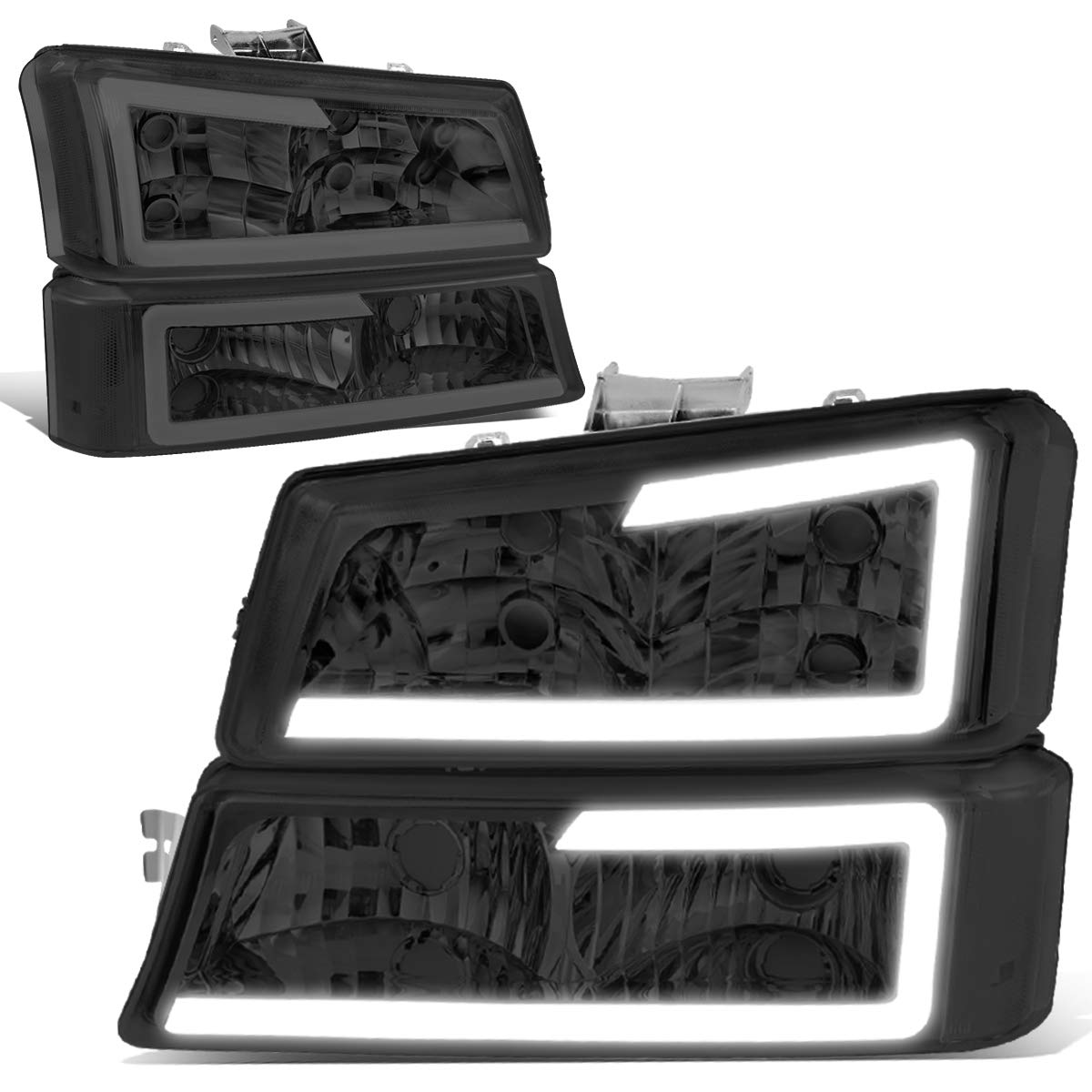 Dna Motoring Hl-Lb-Csil03-Sm-Cl1 Smoked Lens 3D Led Drl Headlight Bumper Lamp Set Compatible With 03-06 Silverado 1500-3500 / Av