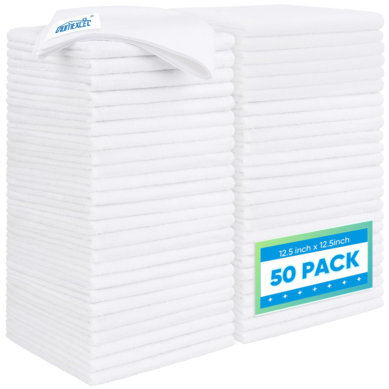 Homexcel White Microfiber Cleaning Cloth 50 Pack, 12.5 X 12.5 Inch Microfiber Towels For Cars, Ultra Absorbent Car Washing Cloth