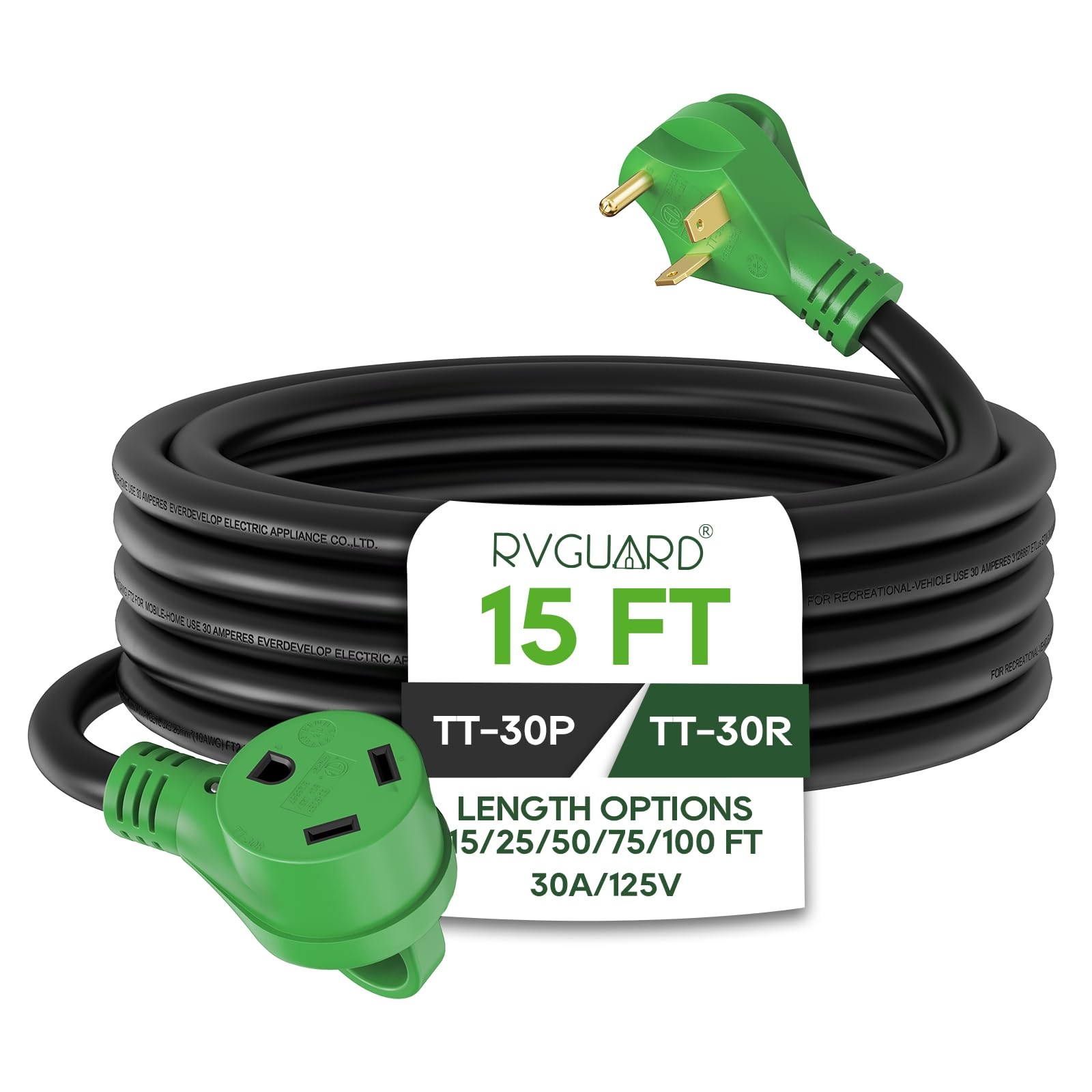 Rvguard 30 Amp 15 Foot Rv Extension Cord, Heavy Duty 10/3 Gauge Stw Cord With Led Power Indicator And Cord Organizer, Tt-30P/R S