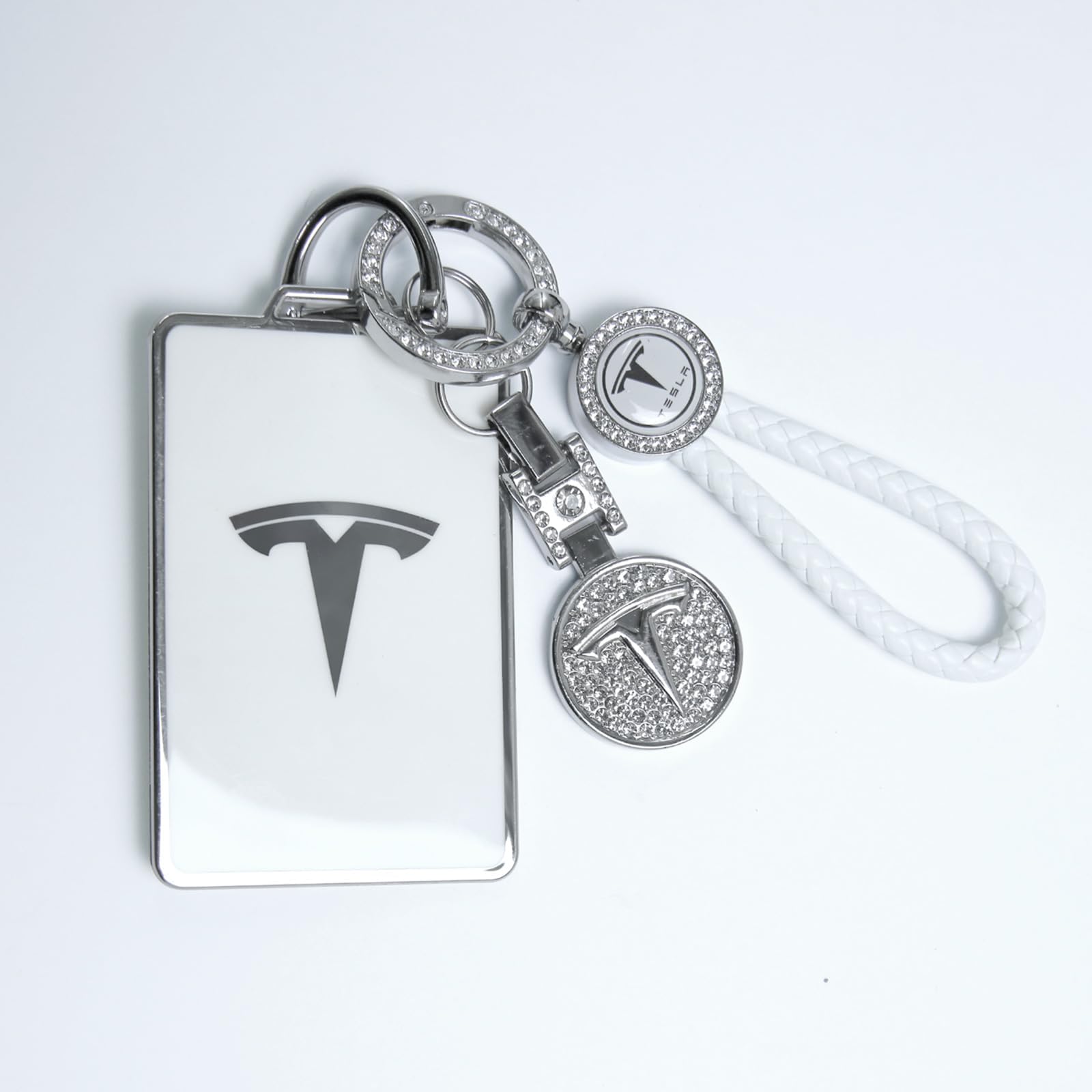 Tesheer White Key Card Holder Bling Key Chain for Tesla Model S/X/3/Y & Cybertruck - Crystal Key Fob Accessories