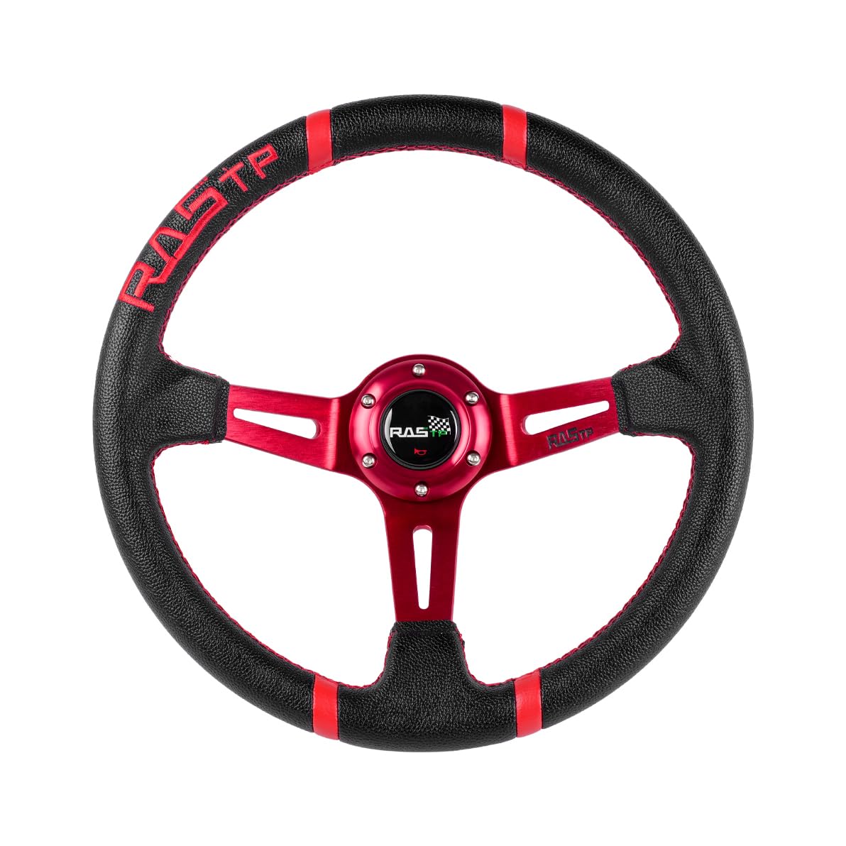 Rastp Universal Racing Steering Wheel,Deep Dish Steering Wheel Leather Embroidery 13.58”/345Mm 6 Bolts With Horn Button Include Cable, Wrench,Red