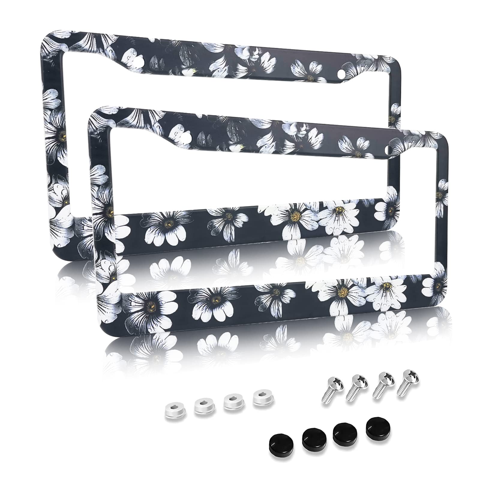 Tropical Daisies License Plate Frames Cover Holders Flowers White Daisies Car Tags Frames Holder Car Accessories 2 Pack 2 Hole Stainless Aluminum Decorative 2 Pcs Set For Girl Women Men Vehicles