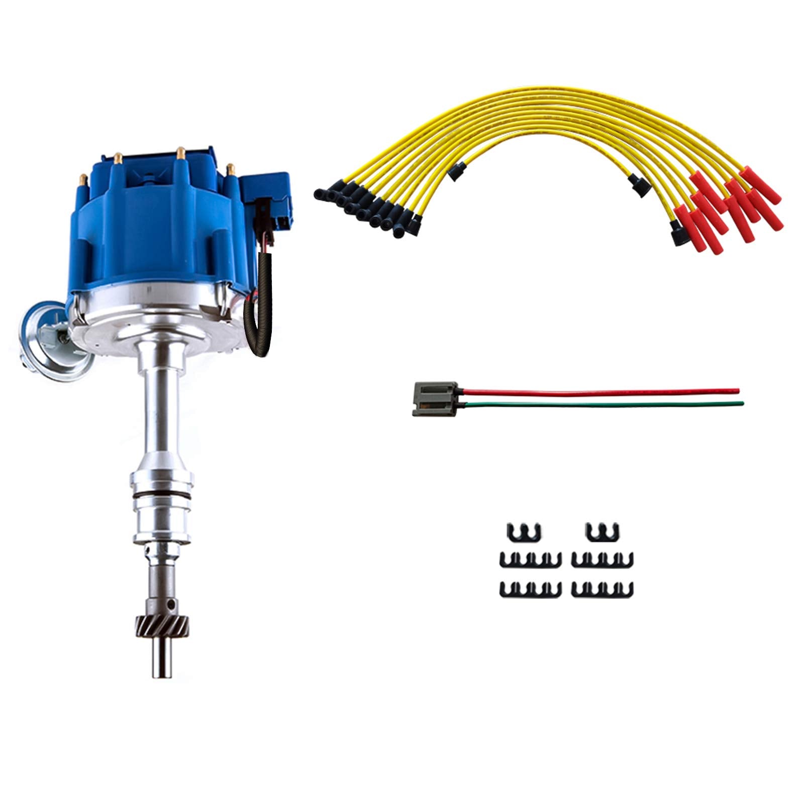 MAS Performance HEI Ignition Distributor w/Cap & Rotor and Spark plug Wire set Compatible with Ford 351C 351M 400 429 460 HEI 65