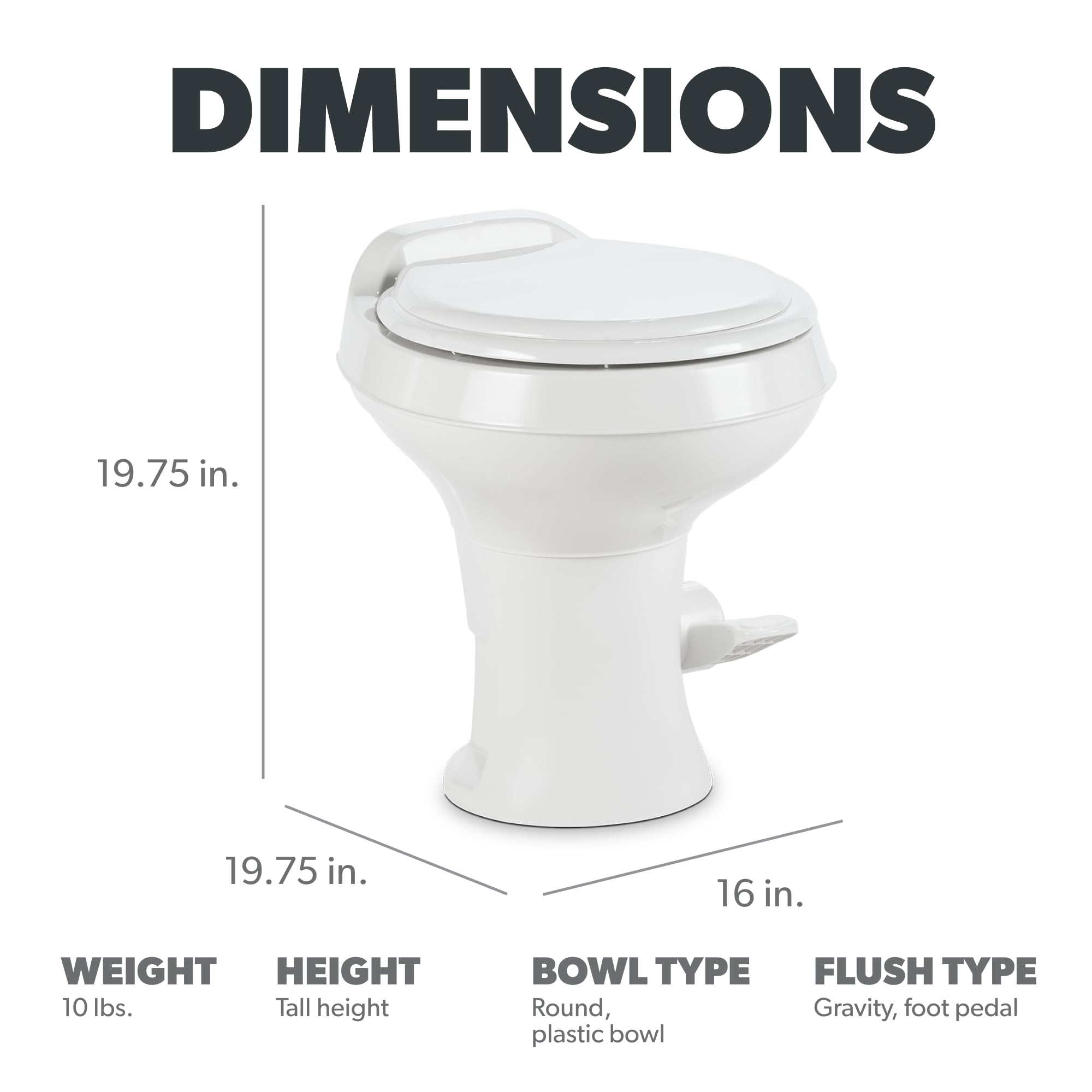 Dometic 300 Series Gravity-Flush RV Toilet | Powerful Triple-Jet Action Flush with Adjustable Water Level | Standard Height Flus