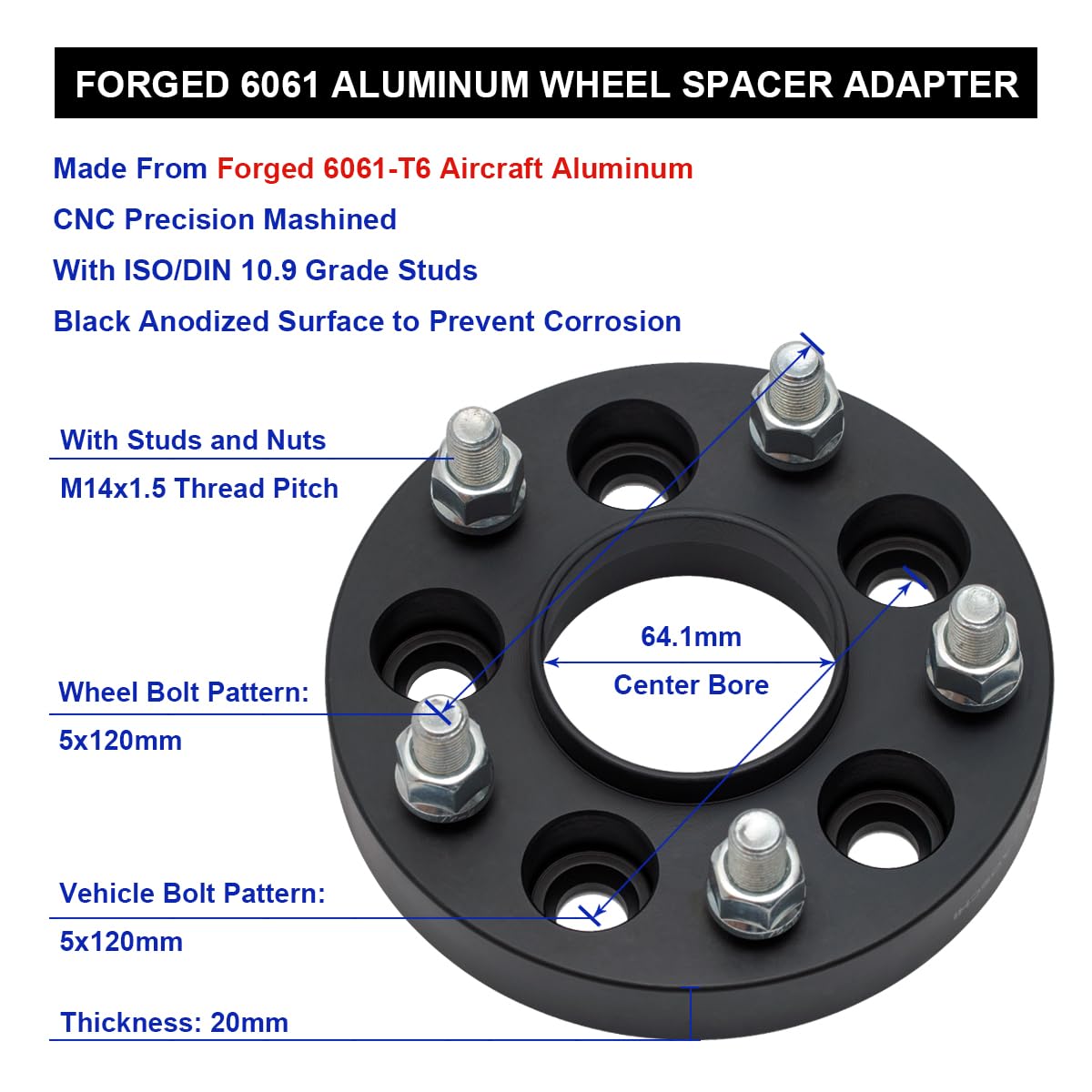 VLAOSCHI Black Forged 5x120 Hubcentric Wheel Spacers 20mm with 14x1.5 Studs 64.1mm Hub Bore Compatible with Honda-Acura-Tesla fo