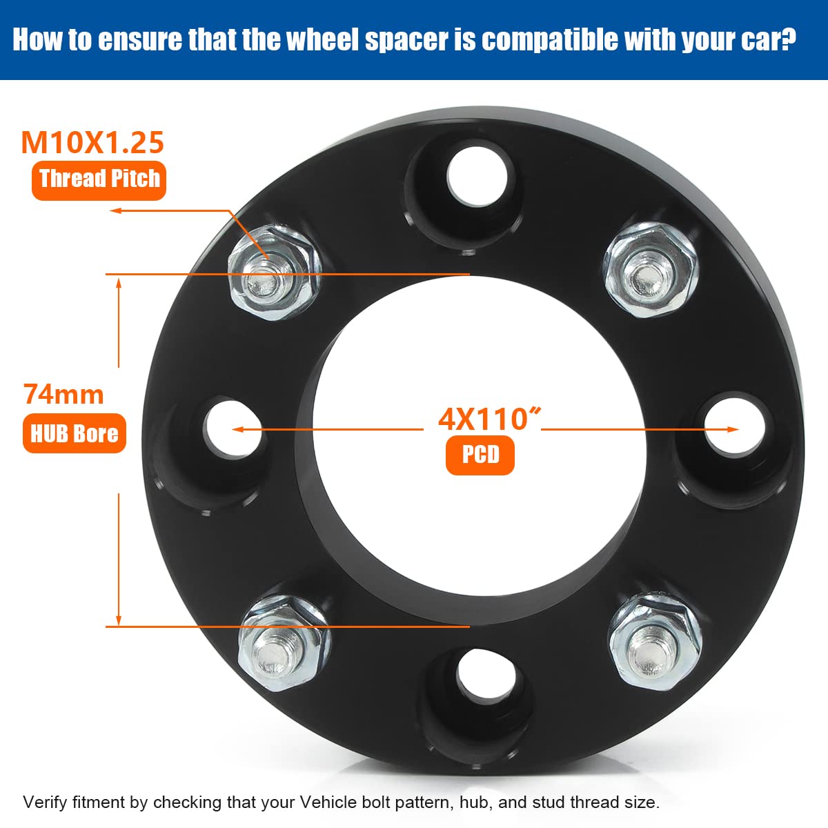 Gasupply Atv 4X110 Wheel Spacers 2 Inch, Black Atv Wheel Adapters Spacers 74Mm Hub Bore 10×1.25 Studs, Compatible With Honda, Suzuki, Bombardier, 2 Pack