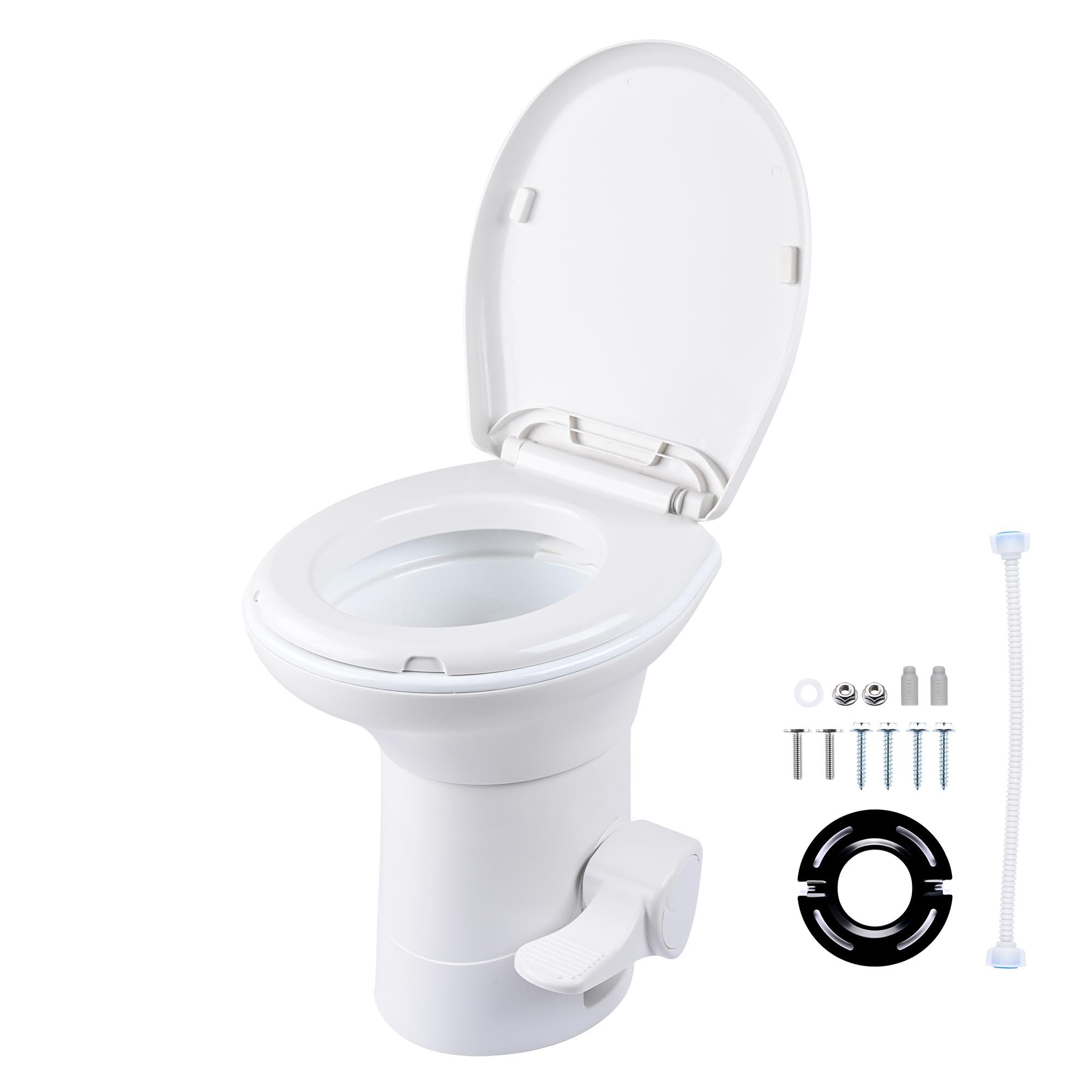 AW RV Toilet Porcelain Enamel & HDPE Gravity Flush Camper Trailer Toilet Elongated 20 High Profile Foot Pedal Flush Motorhome 
