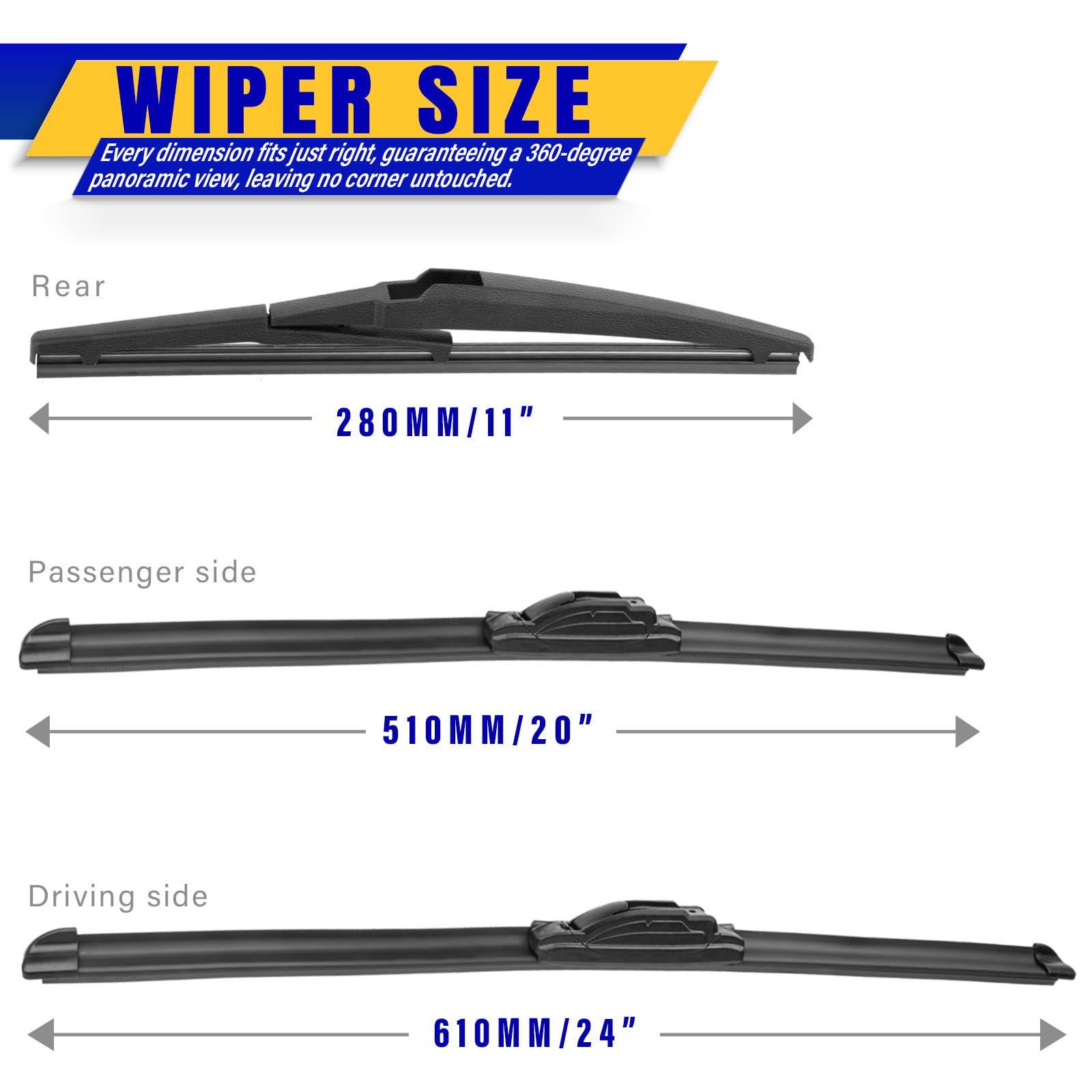 3 Wipers Replacement For 2011-2015 Kia Sorento/2010-2019 2021 Kia Soul/2018-2019 Kia Soul Ev, Windshield Wiper Blades Original E