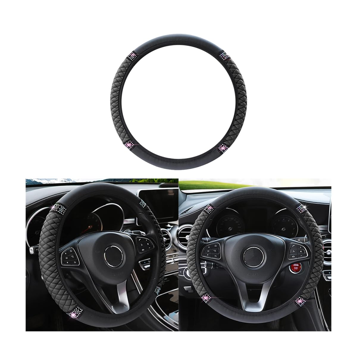 Bling Leather Steering Wheel Cover, Colorful Rhinestones Elastic Steering Wheel Protector, Pu Soft Leather With Crystal Diamond, Sparkling Car Accessories For Most Cars (Black)