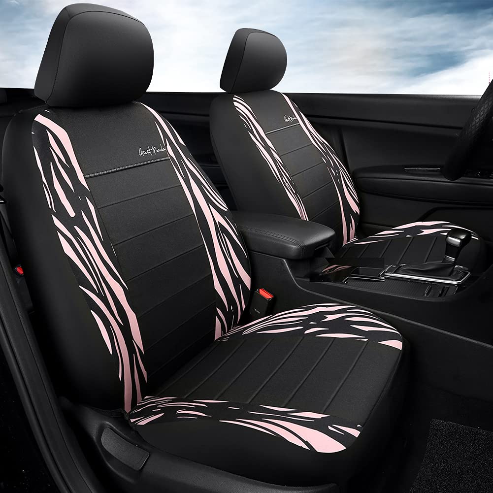 Giant Panda Pink Zebra Print Cloth Front Car Seat Covers, Bucket Seat Covers, Low Back Auto Seat Covers For Cars, Suv, Airbag Co