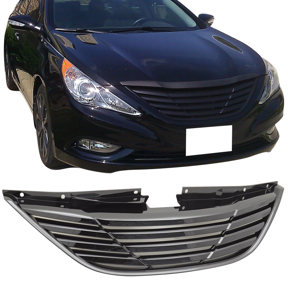Grille Compatible With 2011-2014 Hyundai Sonata, YF Front Black Grille Grill Horizon ABS Horizontal Style by IKON MOTORSPORTS, 2