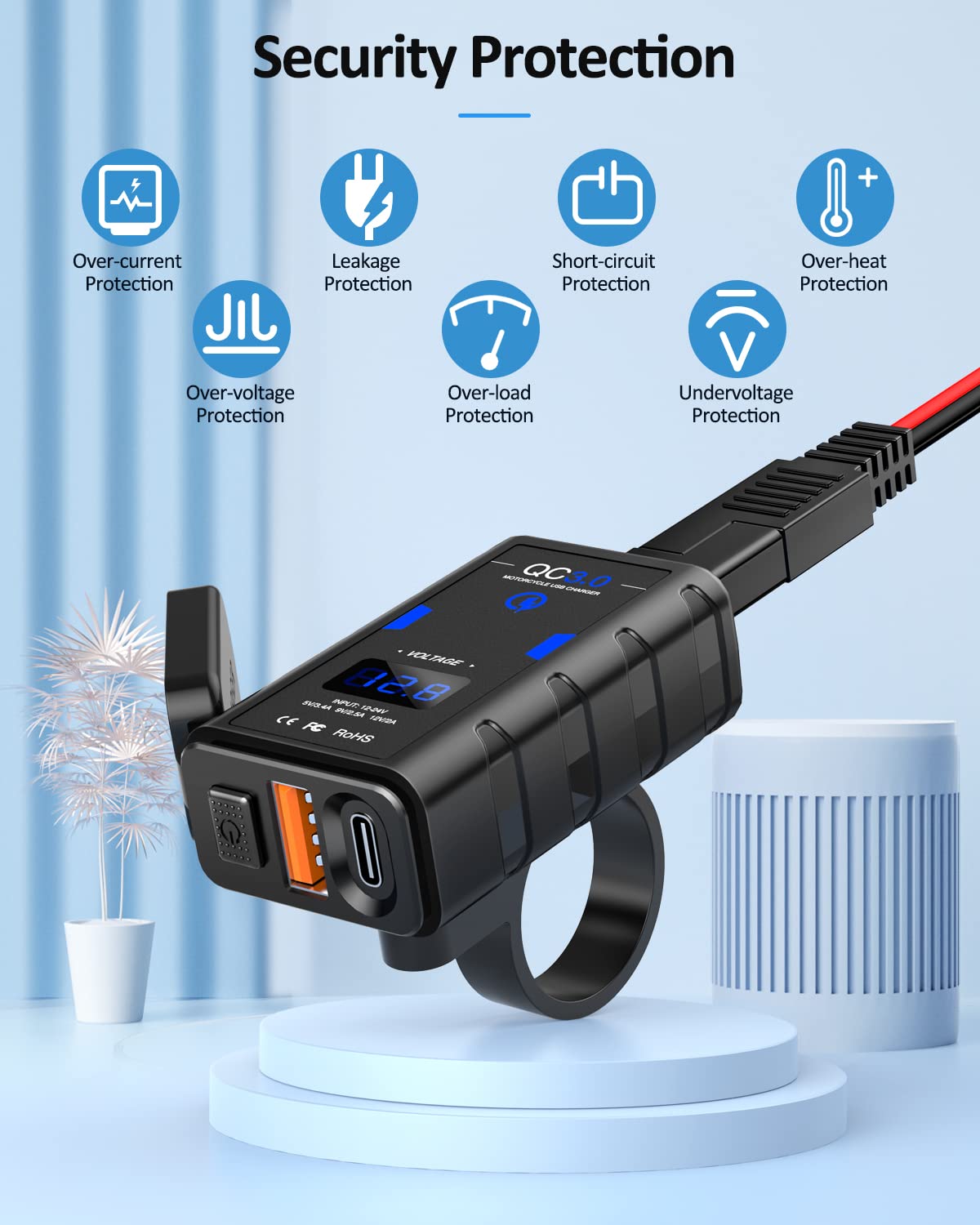 EXTRACTME Motorcycle USB Charger, Upgraded 6.4A Quick Charge 3.0 & Type C PD Dual Phone Charger with Voltmeter, Waterproof Motor
