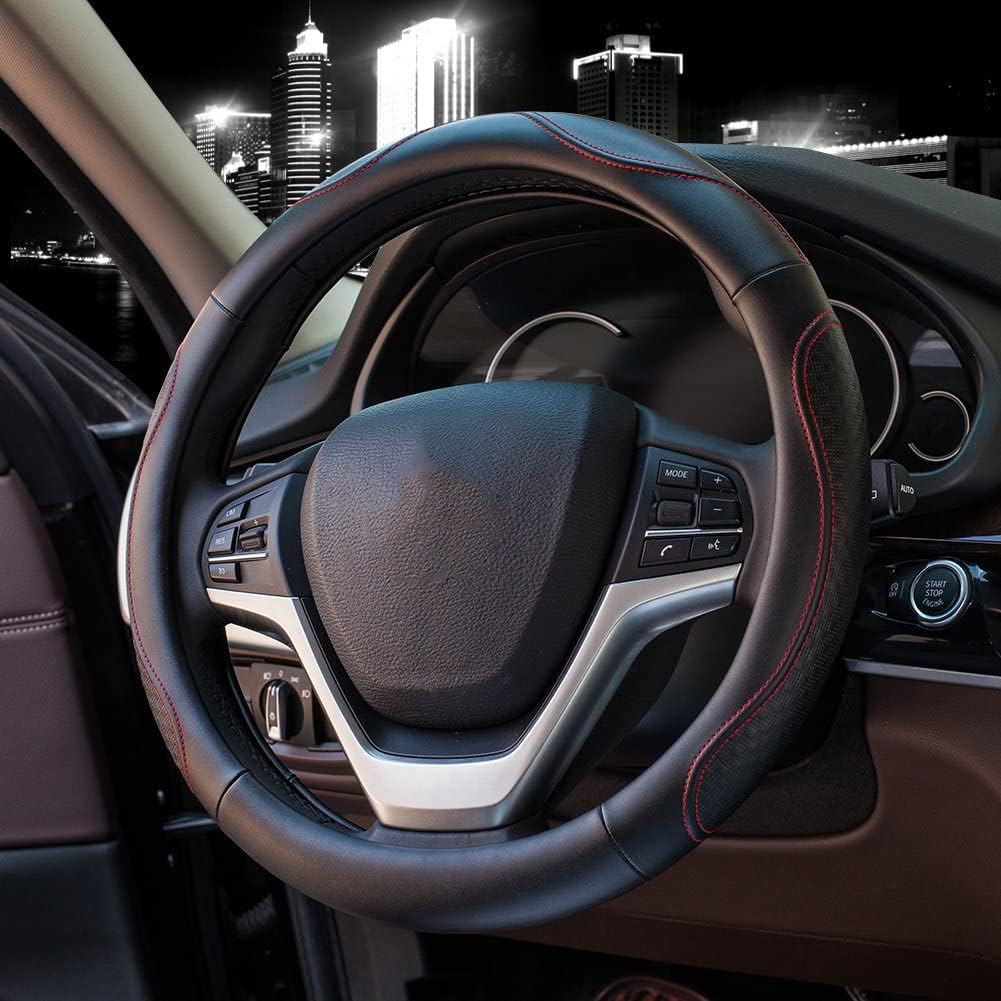 Valleycomfy Leather Steering Wheel Covers Universal 15.75 Inch -Breathable, Anti Slip & Odor Free (Black With Red Lines,L(15 1/2-16))