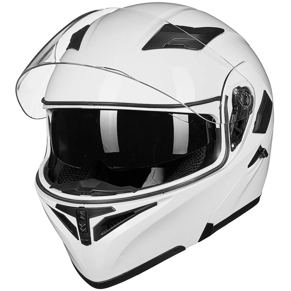 Ilm Motorcycle Dual Visor Flip Up Modular Full Face Helmet Dot Led Light Model 902L (L, White - Led)