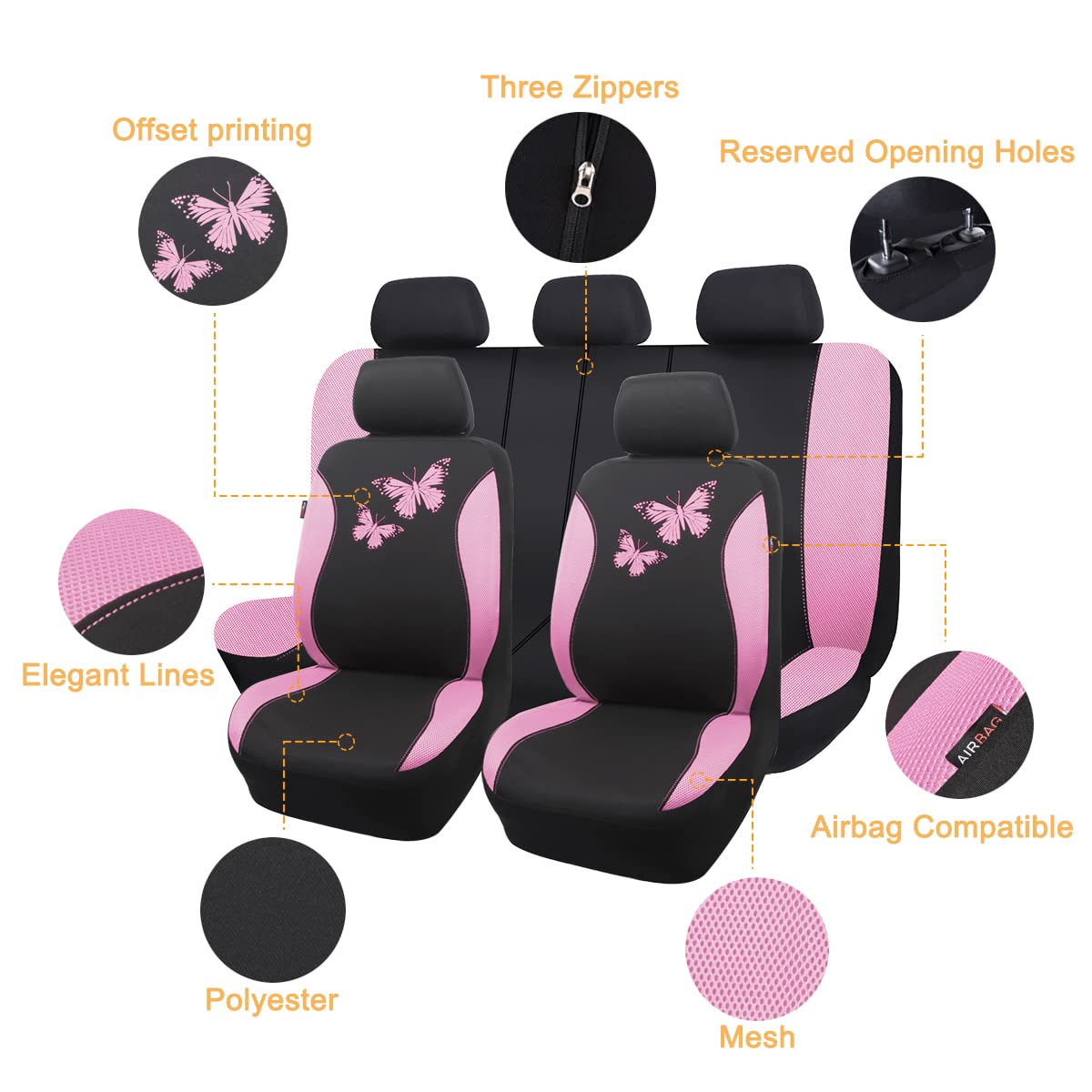 Flying Banner Butterfly Car Seat Covers Ful Set Fashion Universal Lady Woman Female Rear Bench Split Colorized (Pink Black, Full