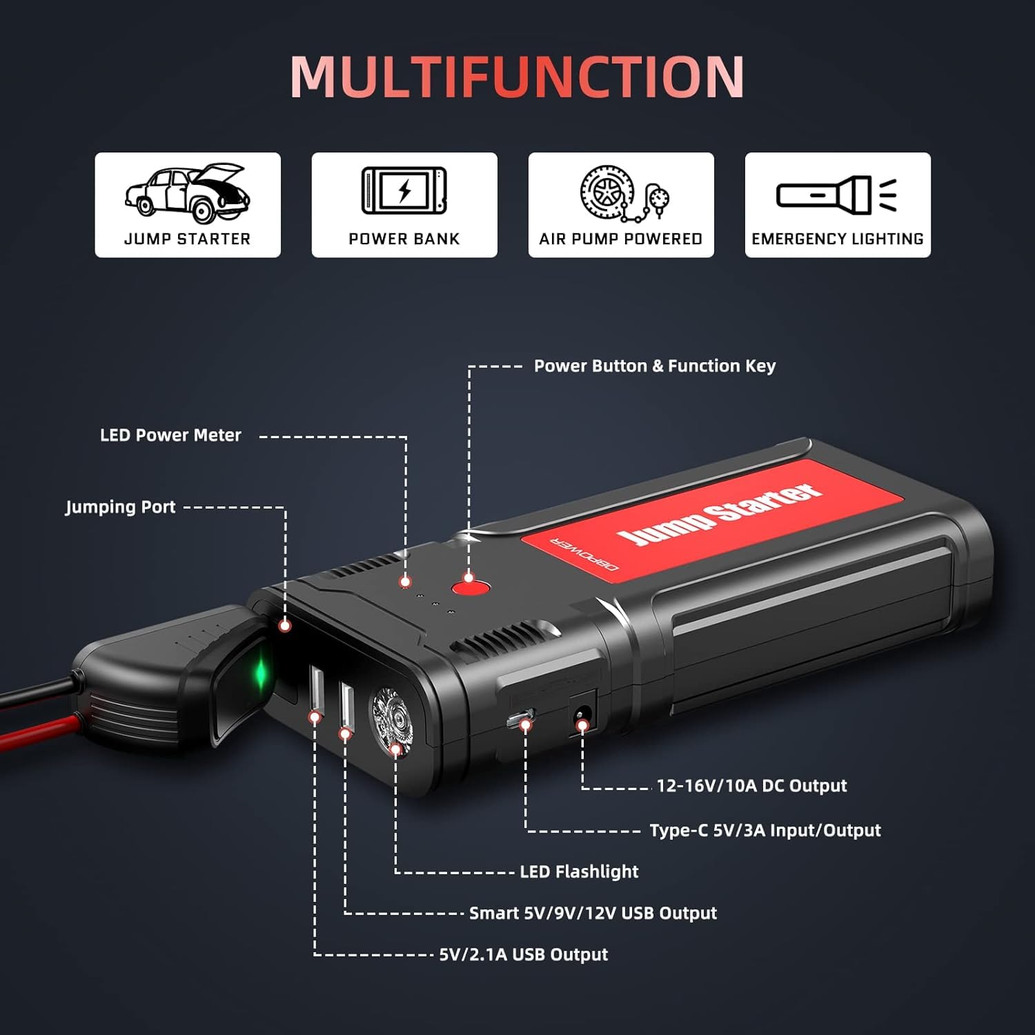 Dbpower Jump Starter 2750A Peak 76.96Wh Portable Car Jump Starter (Up To 10L Gas/8L Diesel Engine) 12V Auto Battery Booster Pack