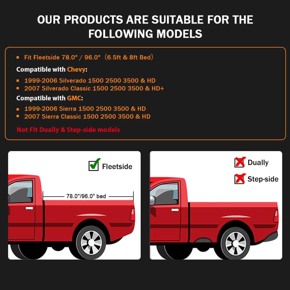 G-PLUS Fender Flares Pocket Riveted 4 PCS for Chevy Silverado/GMC Sierra 1999-2006, Black, Polypropylene, Not for Dually/Step-side Models