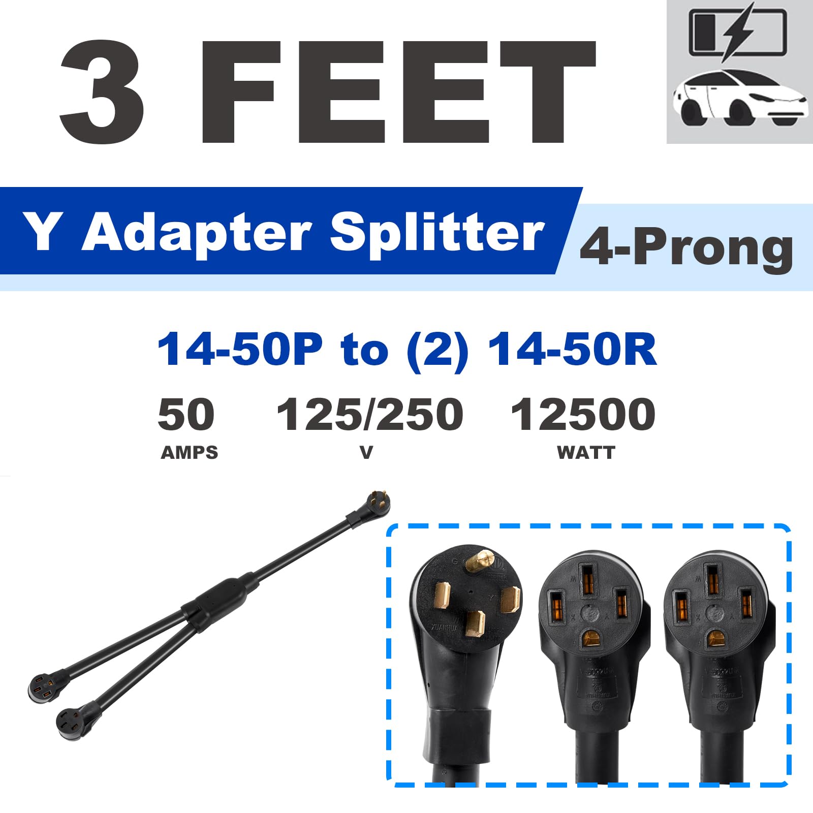 AUTOBABA 14-50 Y Splitter Adapter Power Cord 240V for RV and EV, NEMA 14-50P Male Plug to 14-50R, 6/3+8/1 STW AWG Gauge Plug Ext