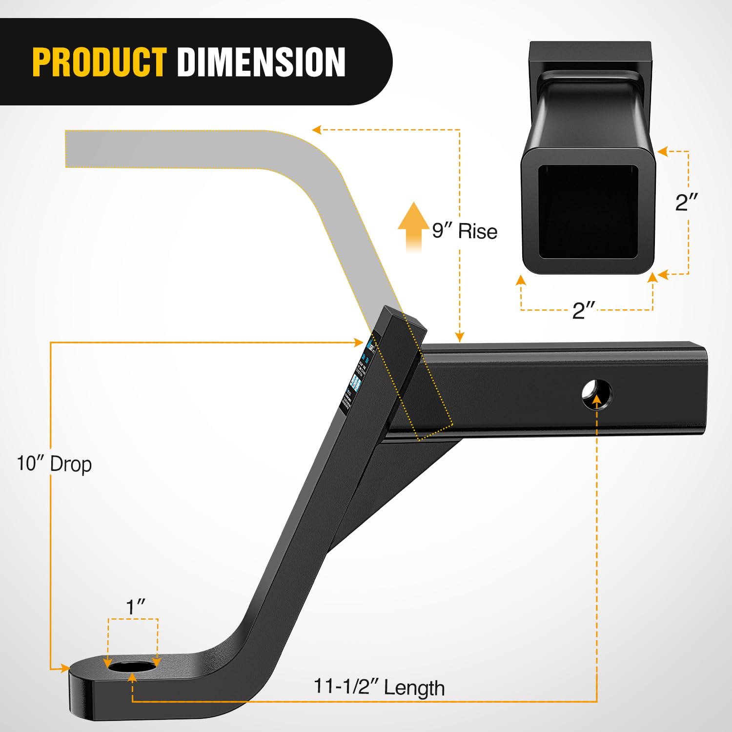 Nilight Trailer Hitch Ball Mount With 5/8'' Hitch Pin Clip Fits 2 Inch Receiver Square 7500 Lbs 10'' Drop 9    Rise 1    Hole Gl
