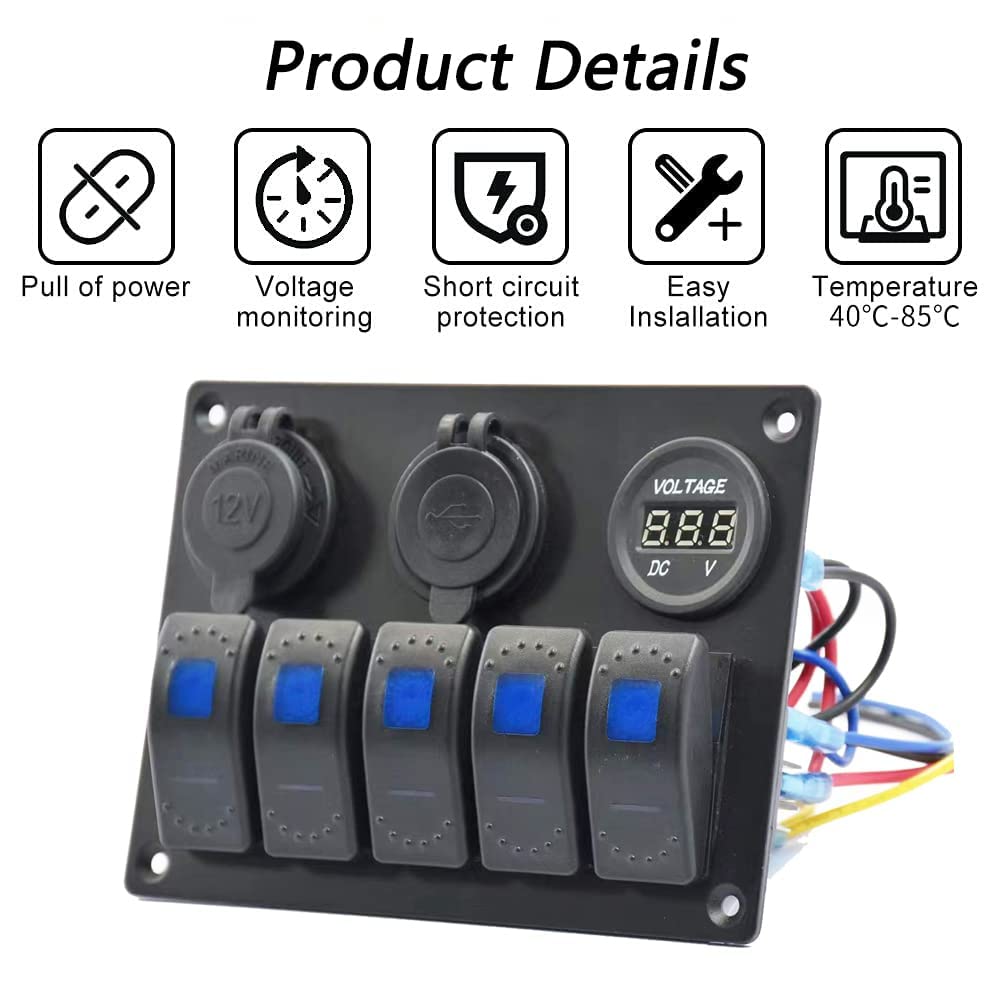 Garfour Waterproof Boat Rocker Switch Panel 3.1A Volt Dual USB Socket LED Light Voltmeter Cigarette Lighter Socket 5 Bang Rocker