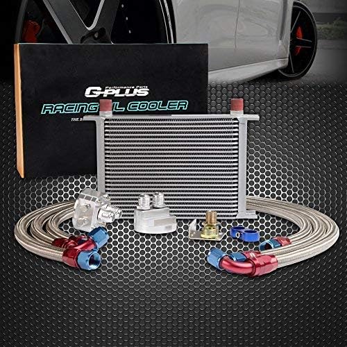 G-PLUS Universal 25 Row AN10-10AN Silver Engine Transmission Oil Cooler Kit & Oil Filter Relocation Kit Aluminum